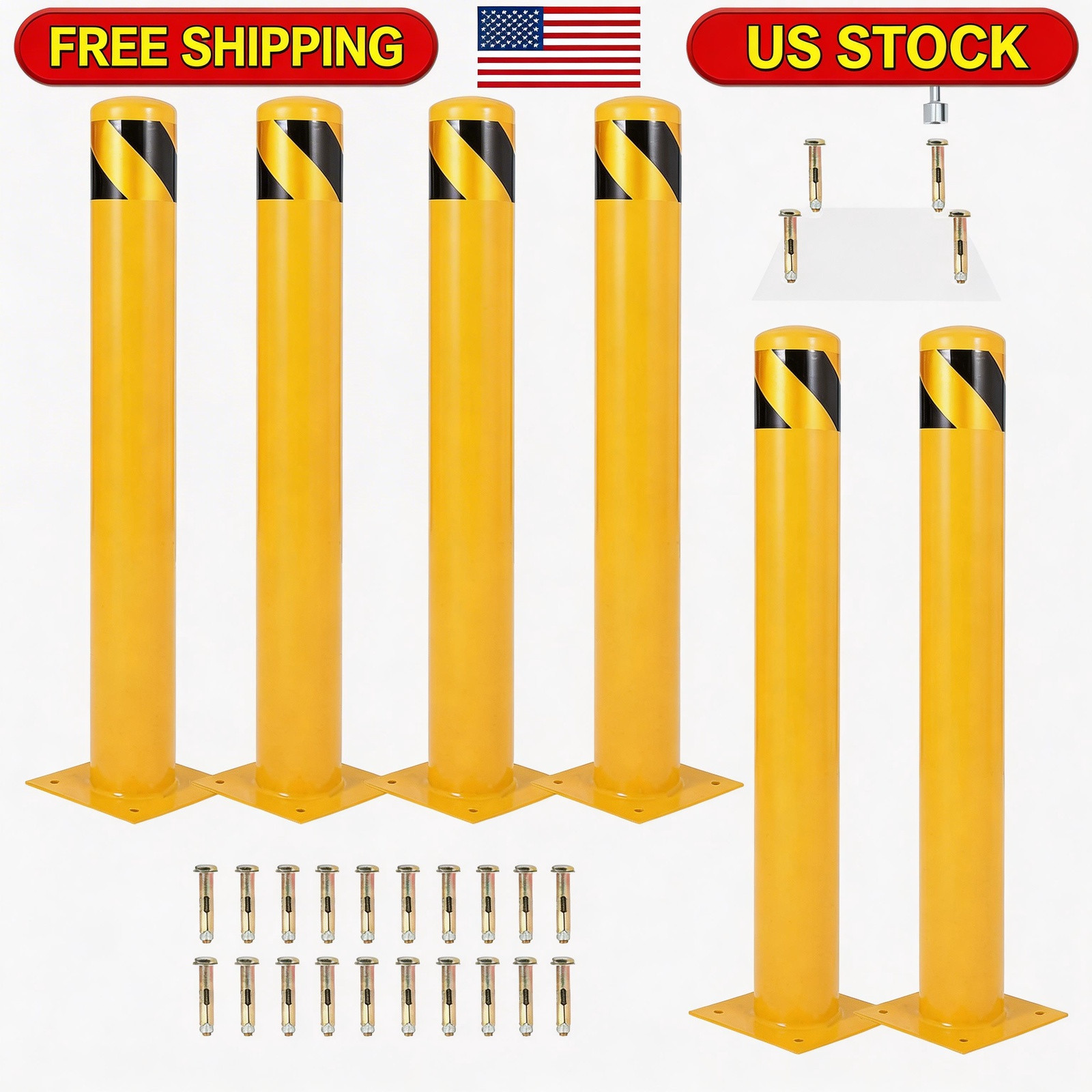 6-Pack 48 Inch Steel Safety Bollards, 4.5 Inch Diameter Parking Bollard Post