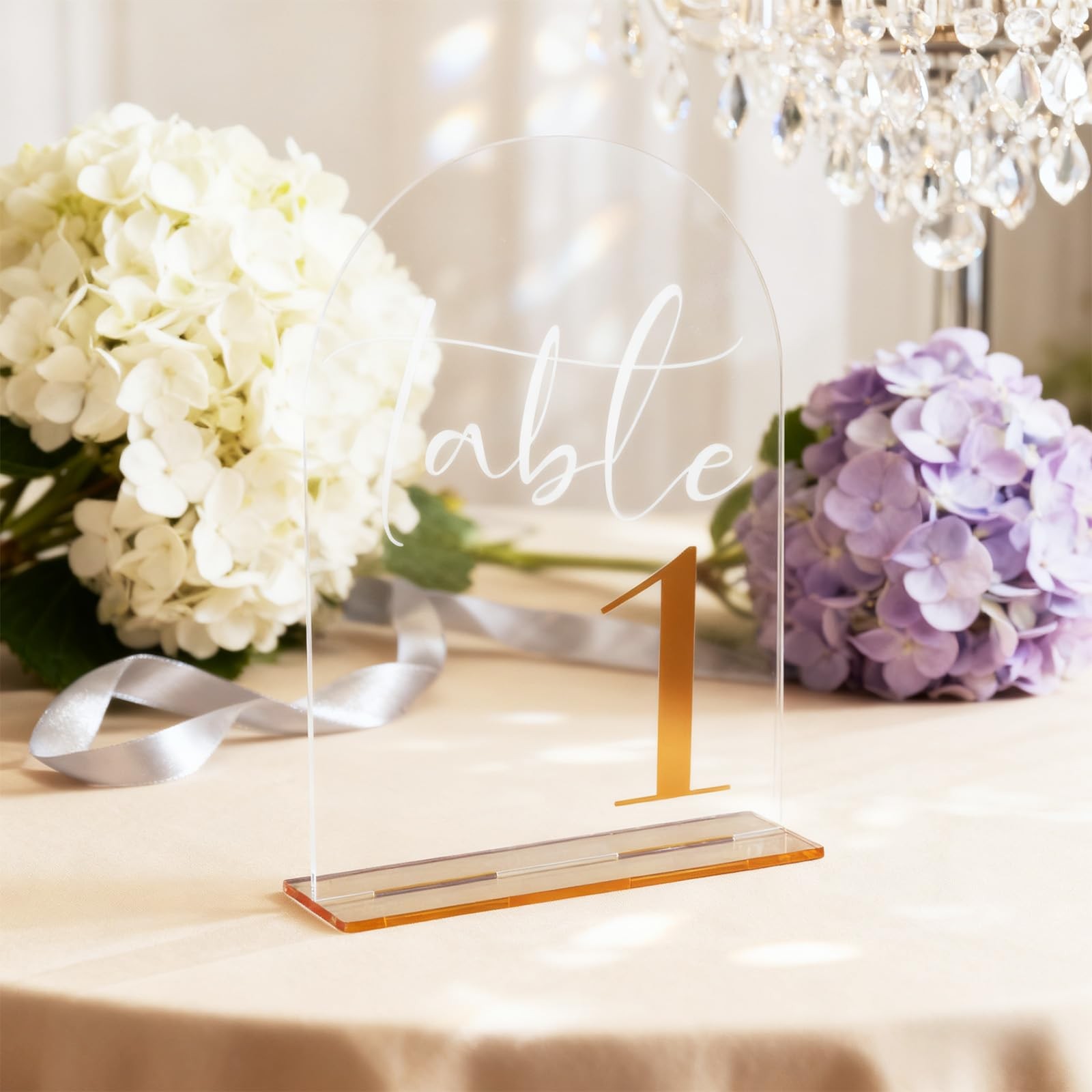 110 Clear Acrylic Arch Wedding Table Numbers Signs Gold Font Set 5×7 Inch
