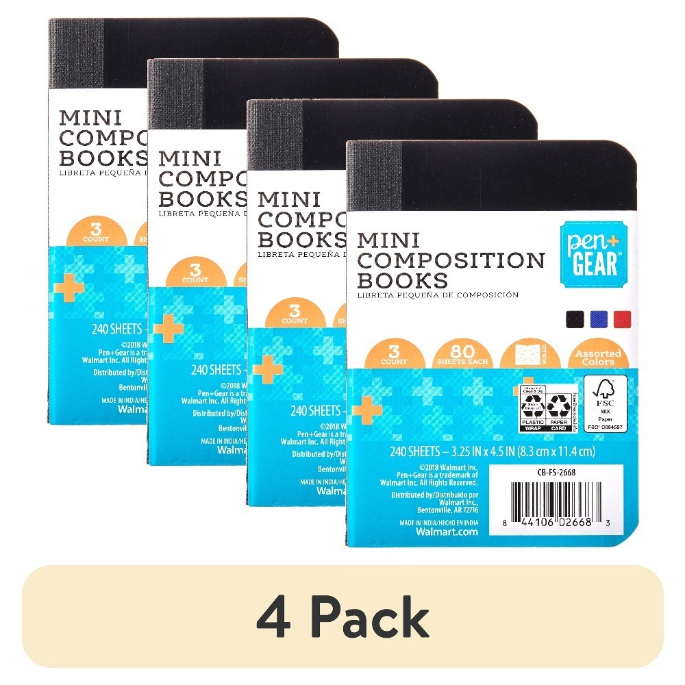 (4 pack) Ruled Mini Composition Books, 3.25 in x 4.5 in, Assorted Colors, 80