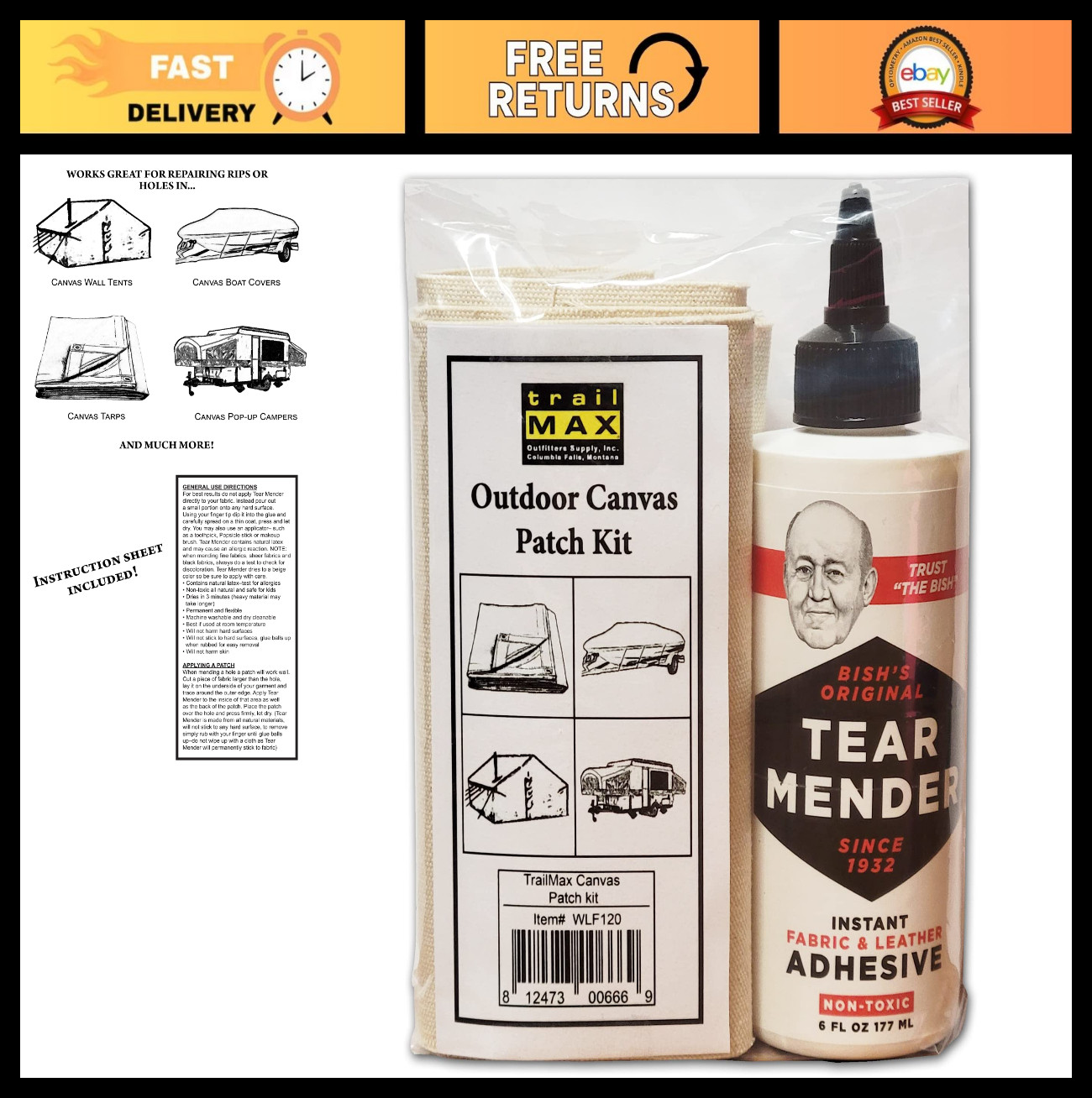 Outdoor Canvas Repair Patch Kit for Tents, Campers, Boat Covers & Tarps