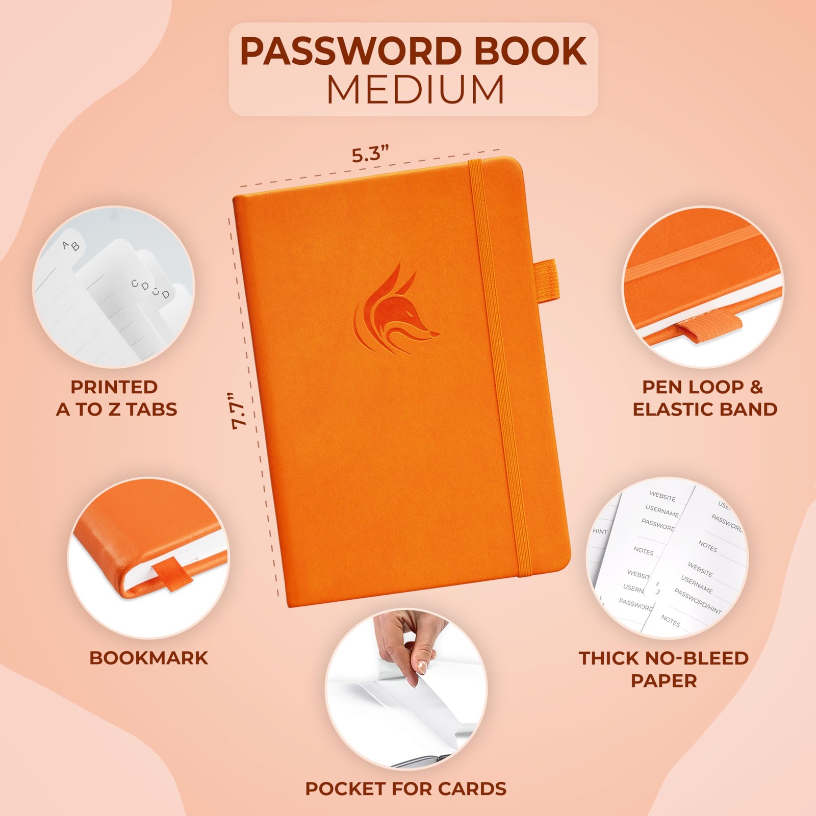 Clever Fox Password Book with alphabetical Medium (5.3 x 7.7 Inch), Orange