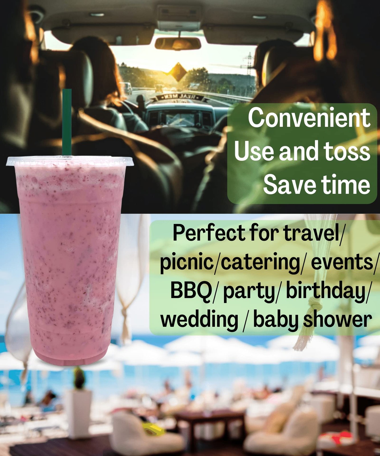 32 oz Clear Plastic Cups with Lids and STRAWS, 50 Piece Set, Transparent