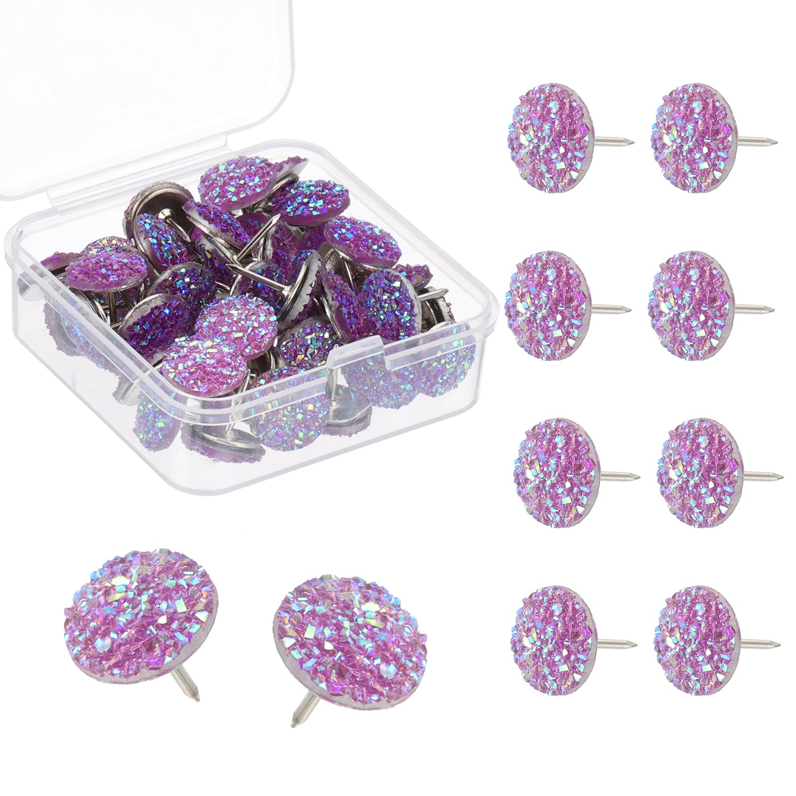 50Pcs Diamond Push Pins, Glitter Rhinestone Decorative Thumb Tacks, Purple