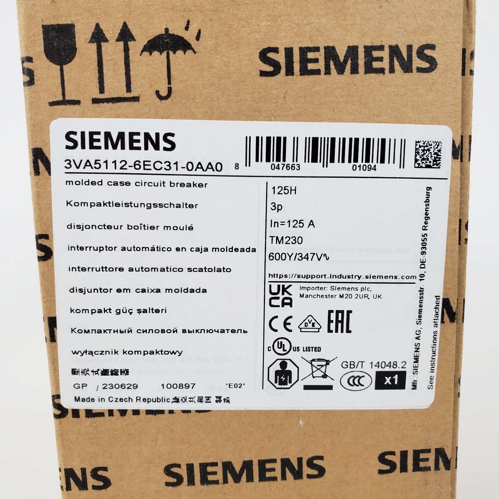 Siemens 3VA5112-6EC31-0AA0 3-Pole 125A Circuit Breaker , New!