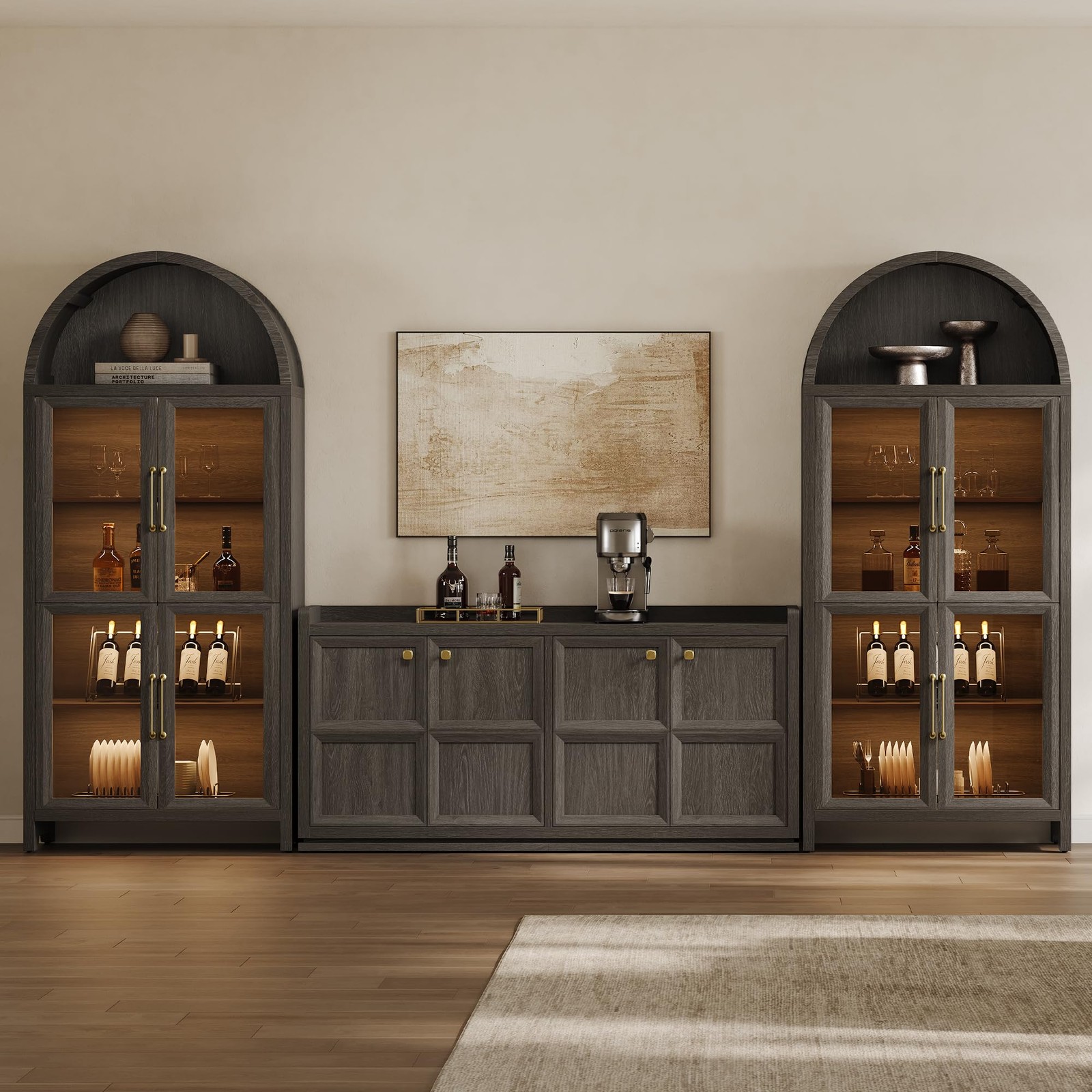 74 Arched Bookcase Glass Door 5-Tier w/LED Motion Sensor Dark Grey Oak 2PC