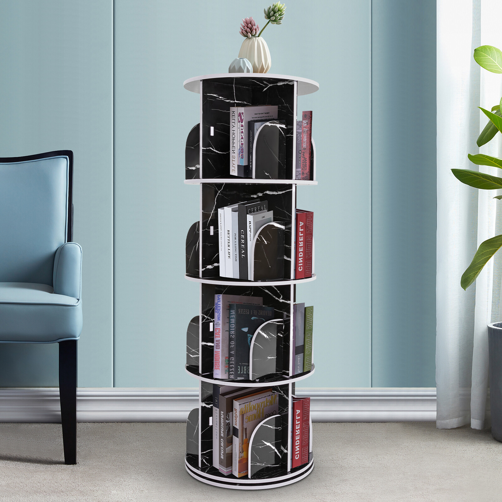 Rotating Display Bookshelf – Black Marble Revolving Storage Rack 4 Tier
