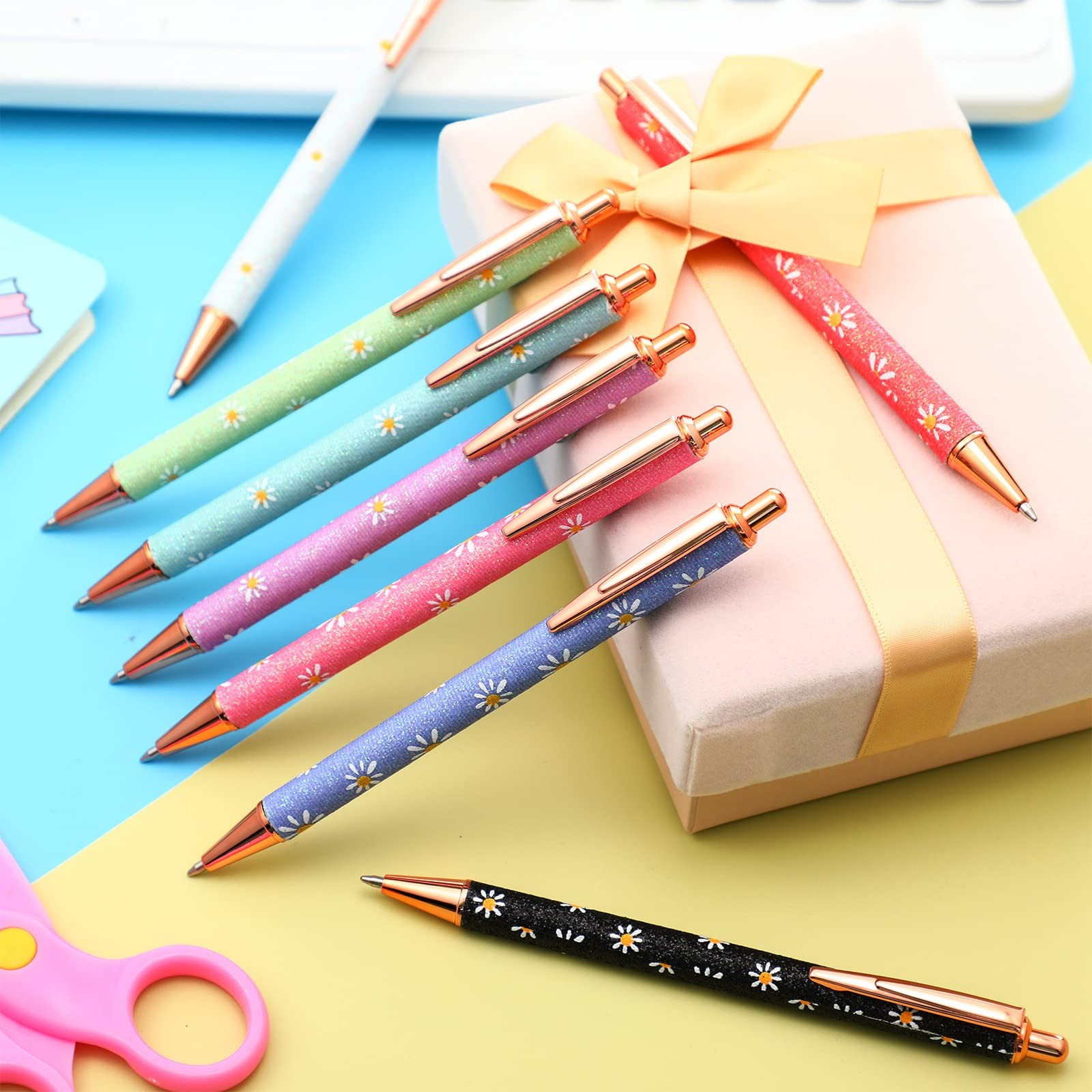 16 Pcs Fancy Pens for Women Glitter Pretty Cute Daisy Pens Sparkly Retractabl…