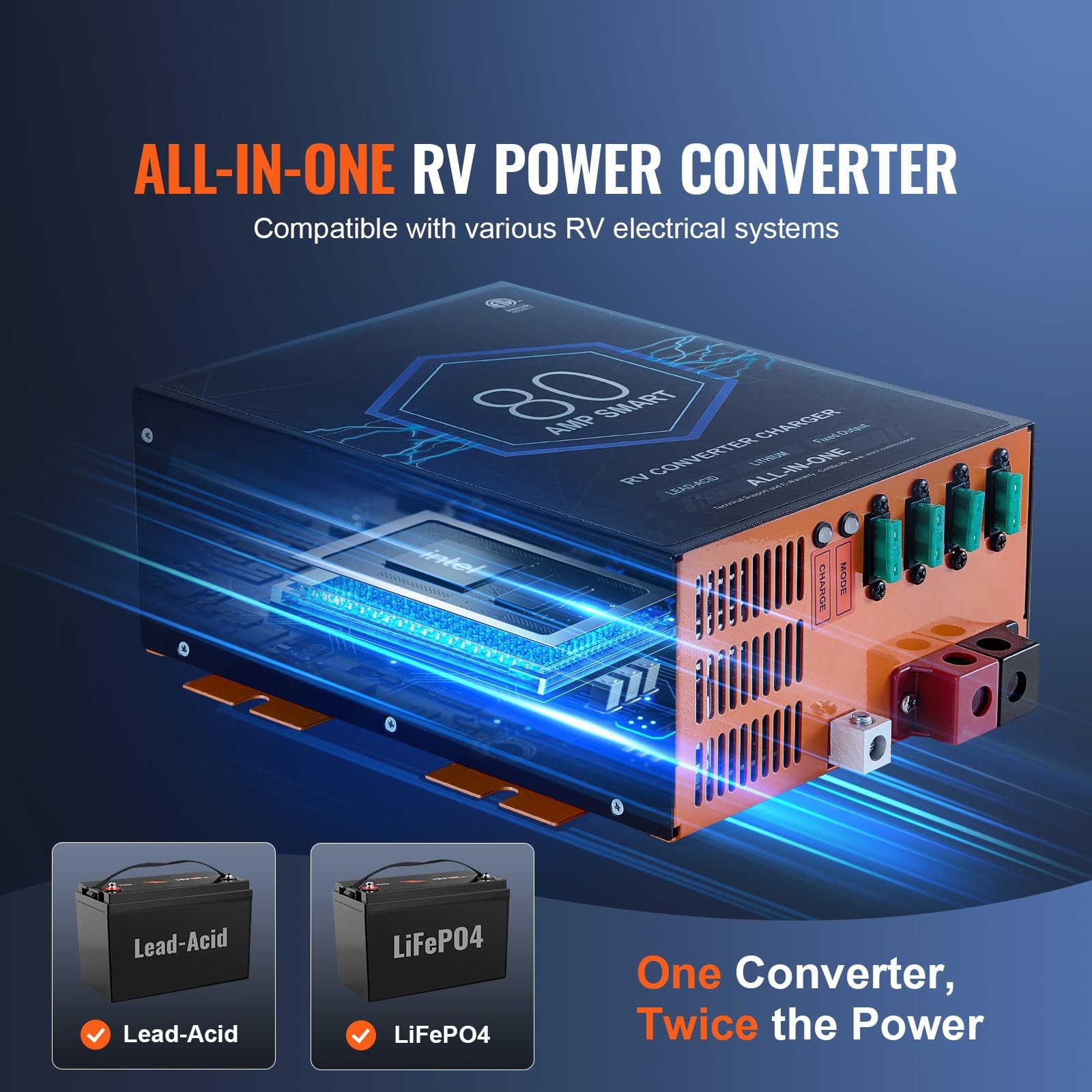 80A RV Converter 110V AC to 12V DC Battery Charger 4-Stage Lithium Lead Acid ETL