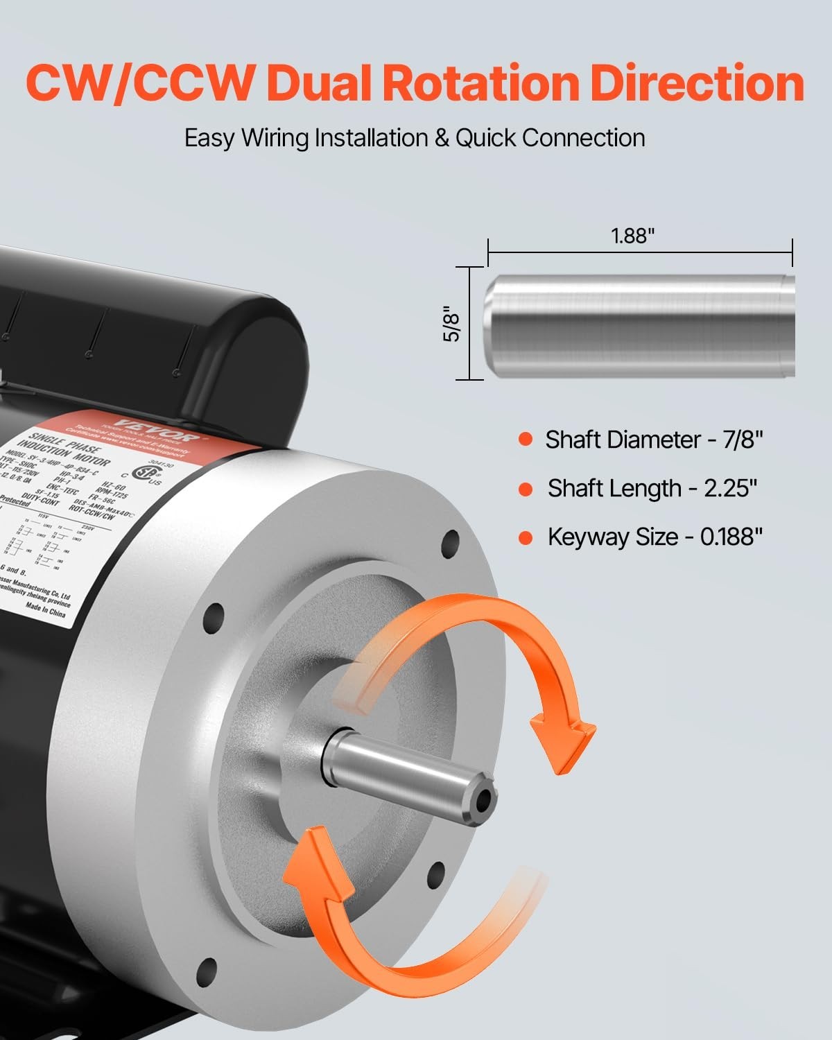 Durable 3/4HP Electric Motor with Overload Protection, Ideal for DIY Projects