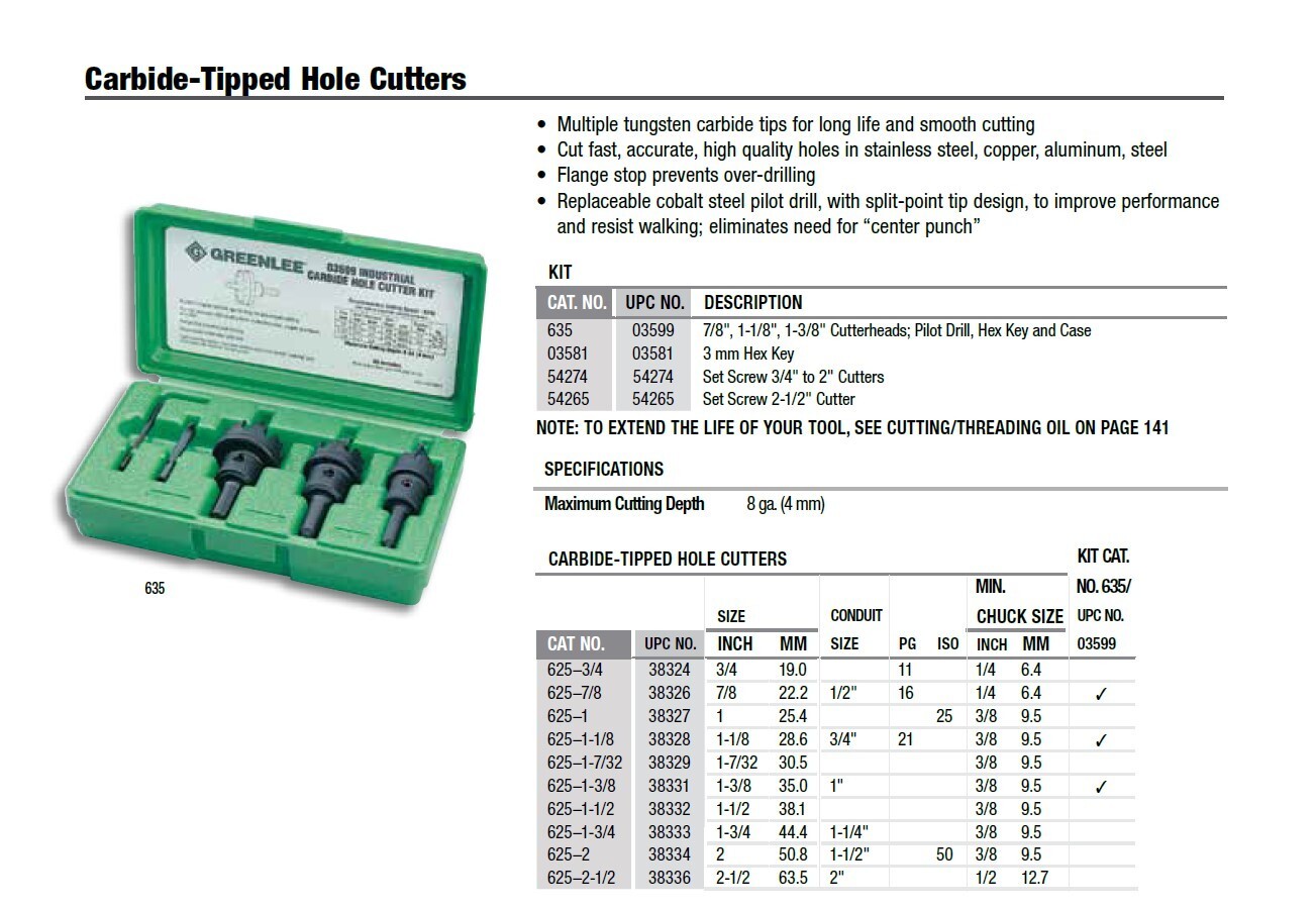 Greenlee 635 7/8″, 1-1/8″, 1-3/8″ Cutterheads; Pilot Drill, Hex Key and Case