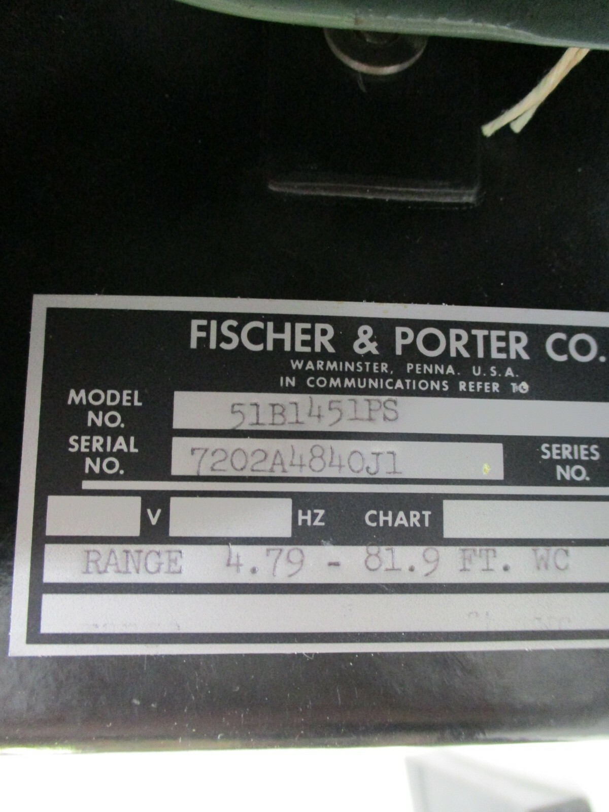 Fischer & Porter 51B1451PS H2O Feet Meter Range 4.79-81.9 Ft. WC 51 Chart