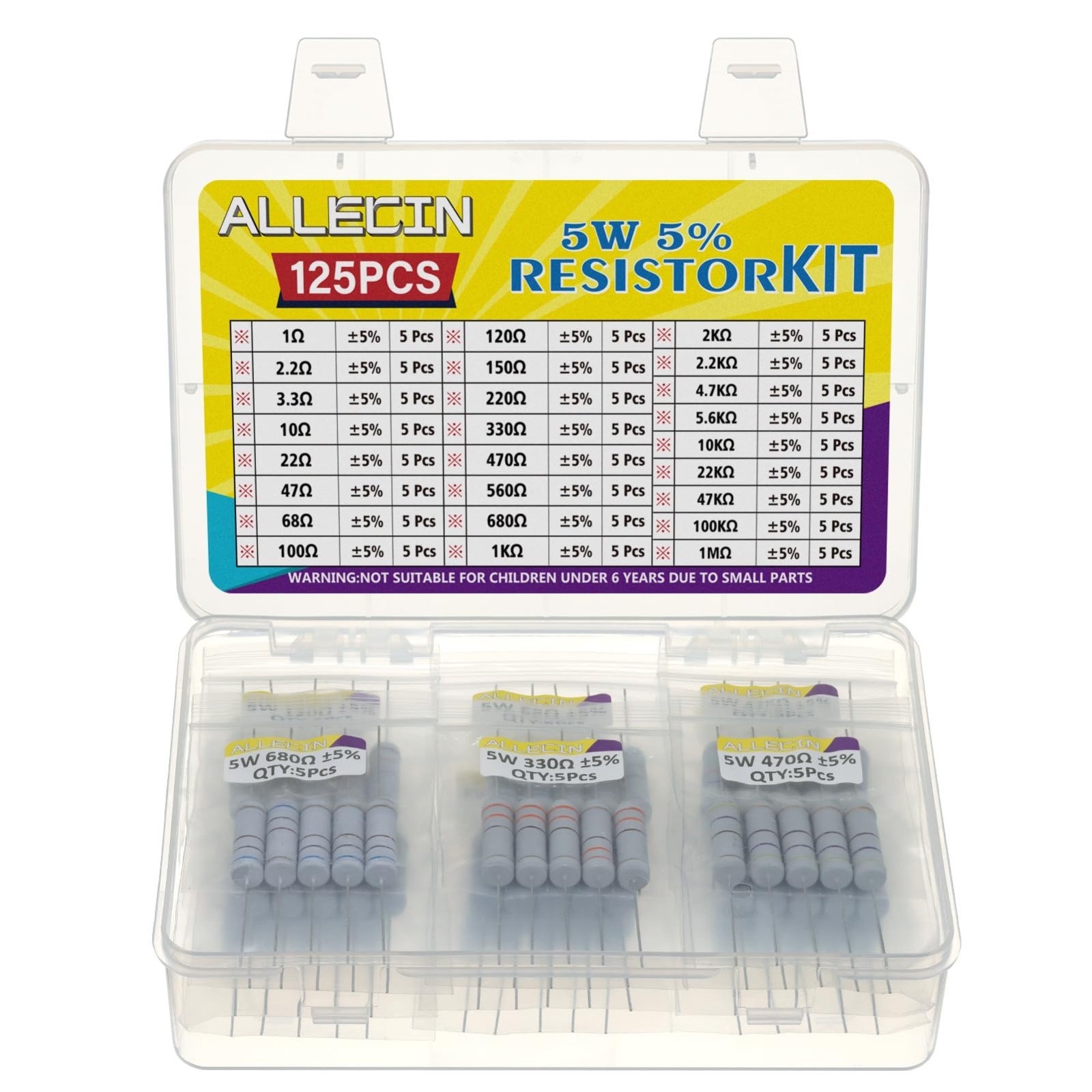 5W Carbon Film Resistor Assortment Kit – 25 Values from 1 Ohm to 1M Ohm, 5% Tole