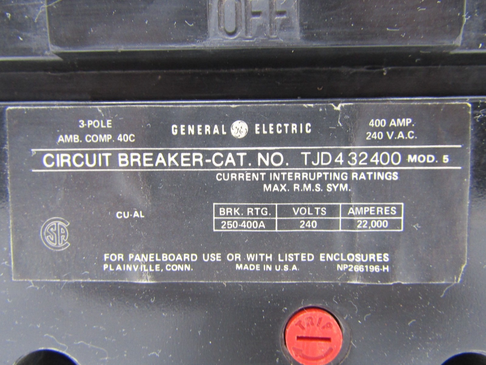 GE General Electric TJD432400 400 Amp 240V 3-Pole Circuit Breaker 400A