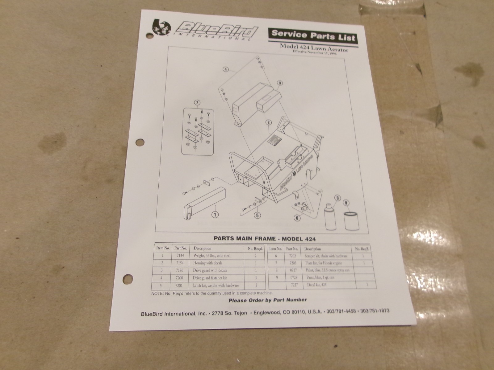 BLUEBIRD SERVICE PARTS LIST MODEL 424 LAWN AERATOR