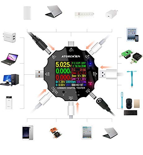 USB C Tester, 3 in 1 Type C DC5.5 USB Meter USB Load Color Screen IPS Digital