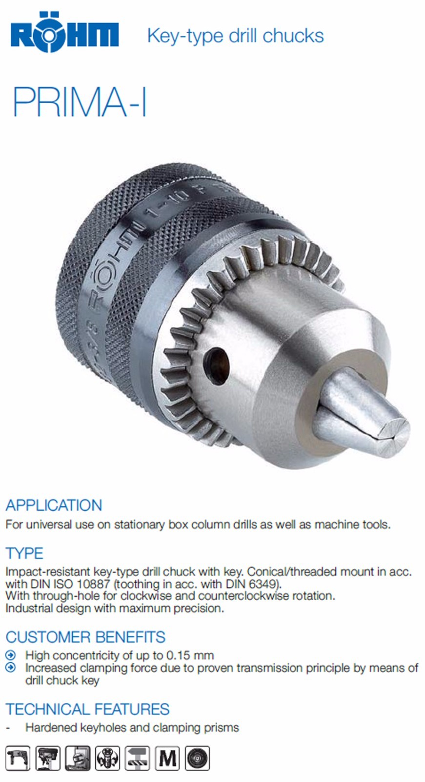 Rohm Prima-I Heavy Industrial Drill Chuck with Key 3/16″-3/4″ Capacity JT3 Mount