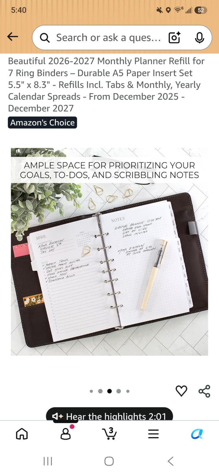 Zicoto Planner Refill Dec 2025-Dec 2027 5.5″x8.3″