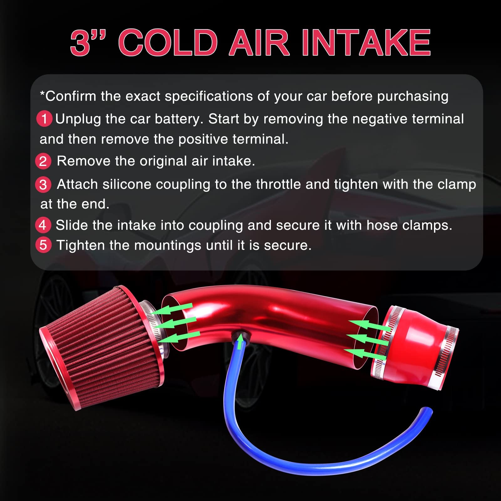 3 Inch Universal Cold Air Intake Pipe Kit High Flow Performance Red