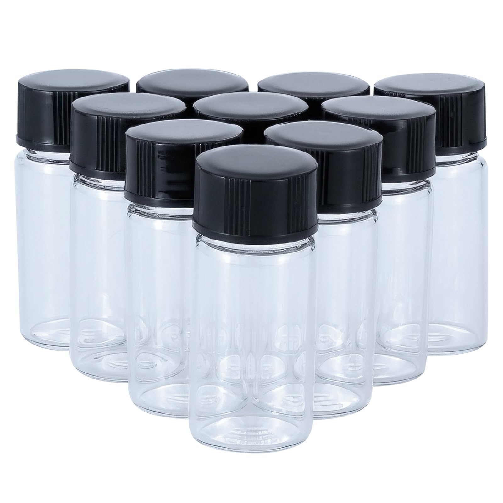Minifrascos de vidrio transparente 5 ml (1/6 oz) con tapones rosca de plástico.