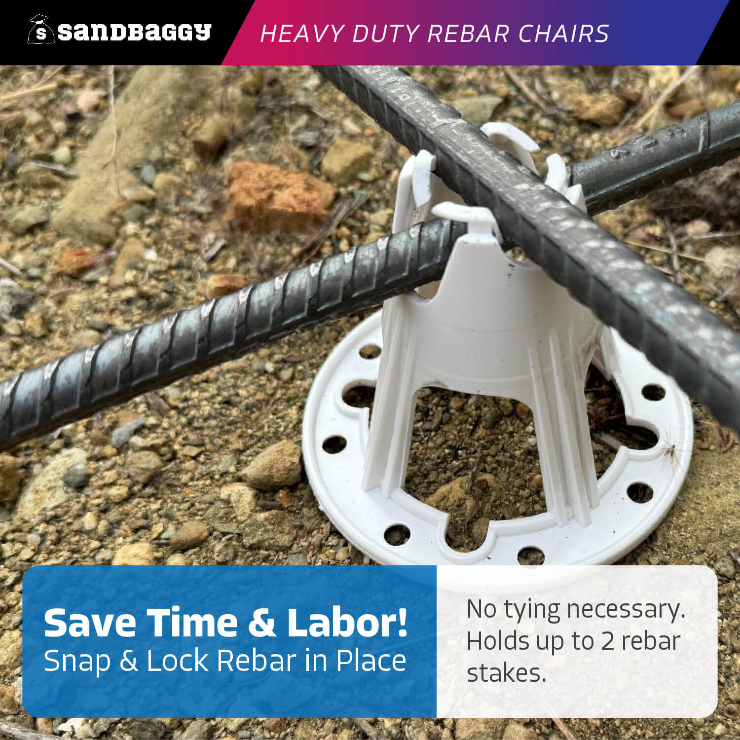 Sandbaggy Plastic Rebar Chairs – Elevates Rebar 2.5″ or 3″ – Rebar #3 to #5