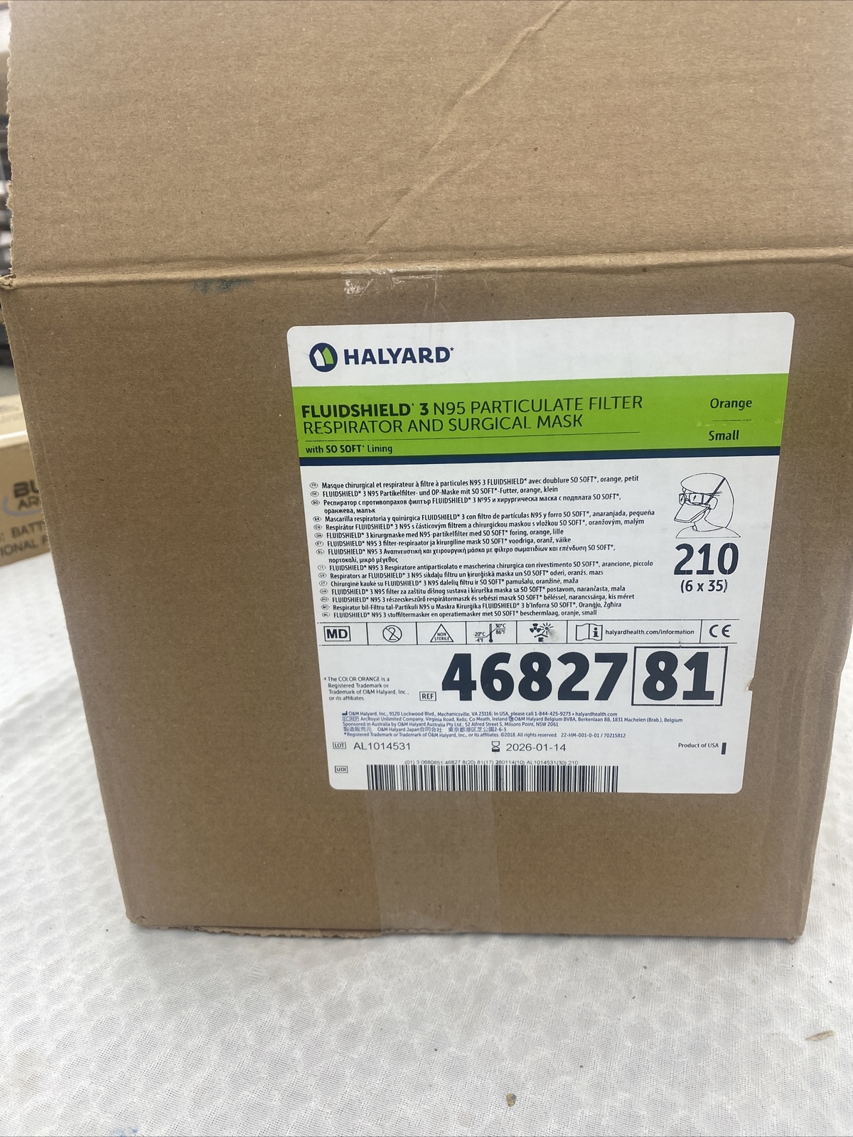 Case of 210 46827 Small Halyard N95 Masks Fluidshield 3 Surgical Respirator