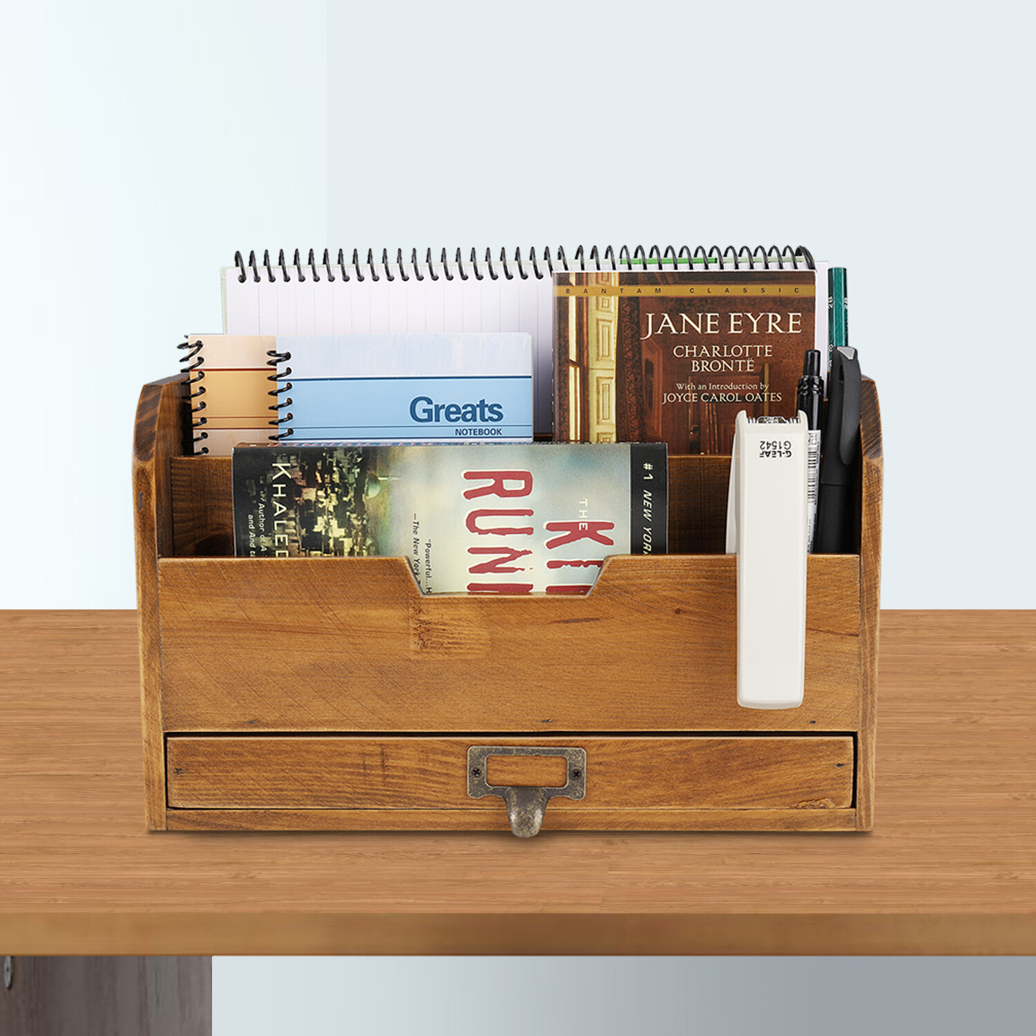 3 Tier Wooden Desk Organizer – Rustic Slot Sorter Shelf Holder with Drawer