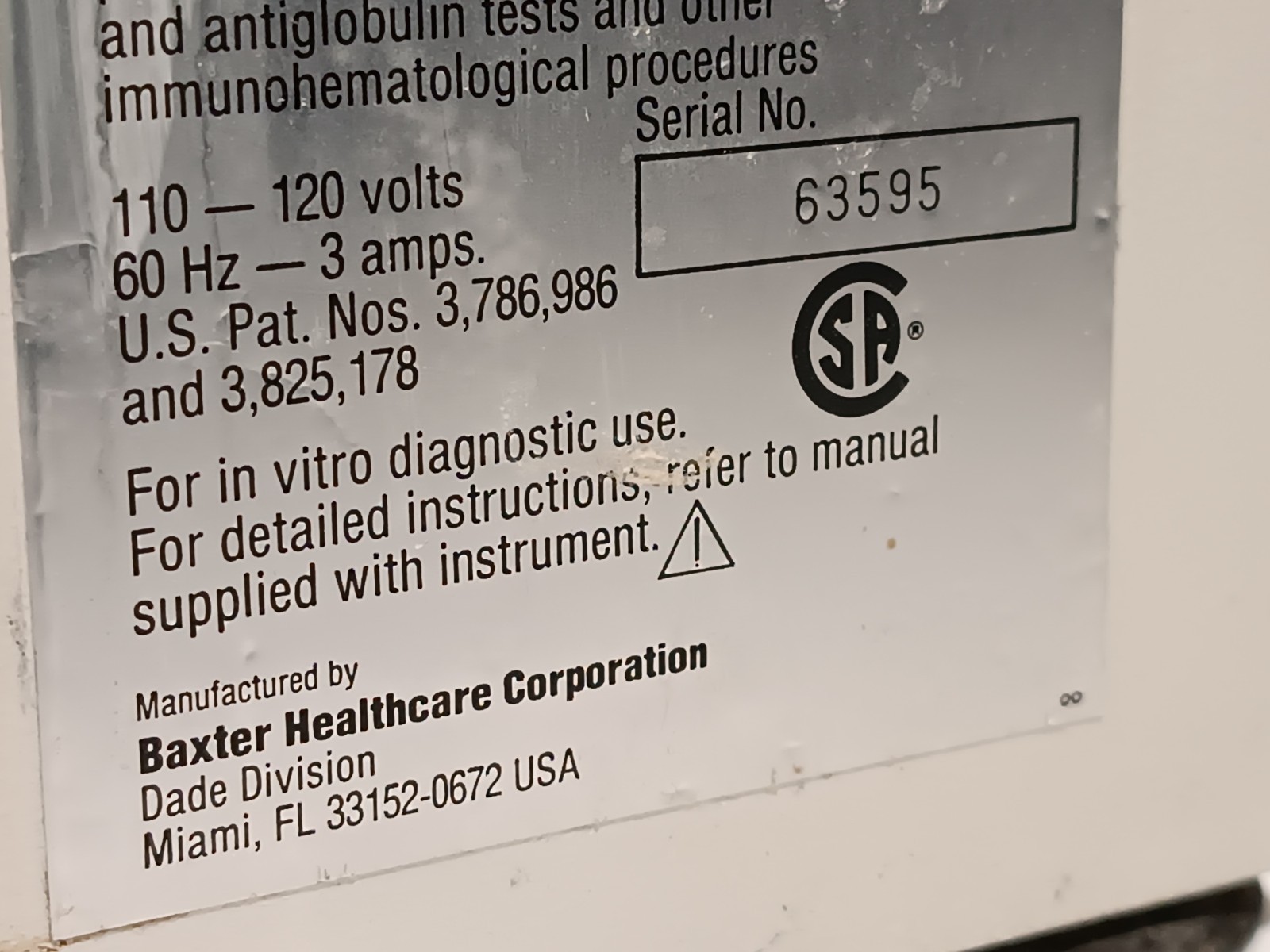 Baxter B5055-3S Dade Immufuge II blood sample Centrifuge, 110-120V, 60Hz, 3Amps