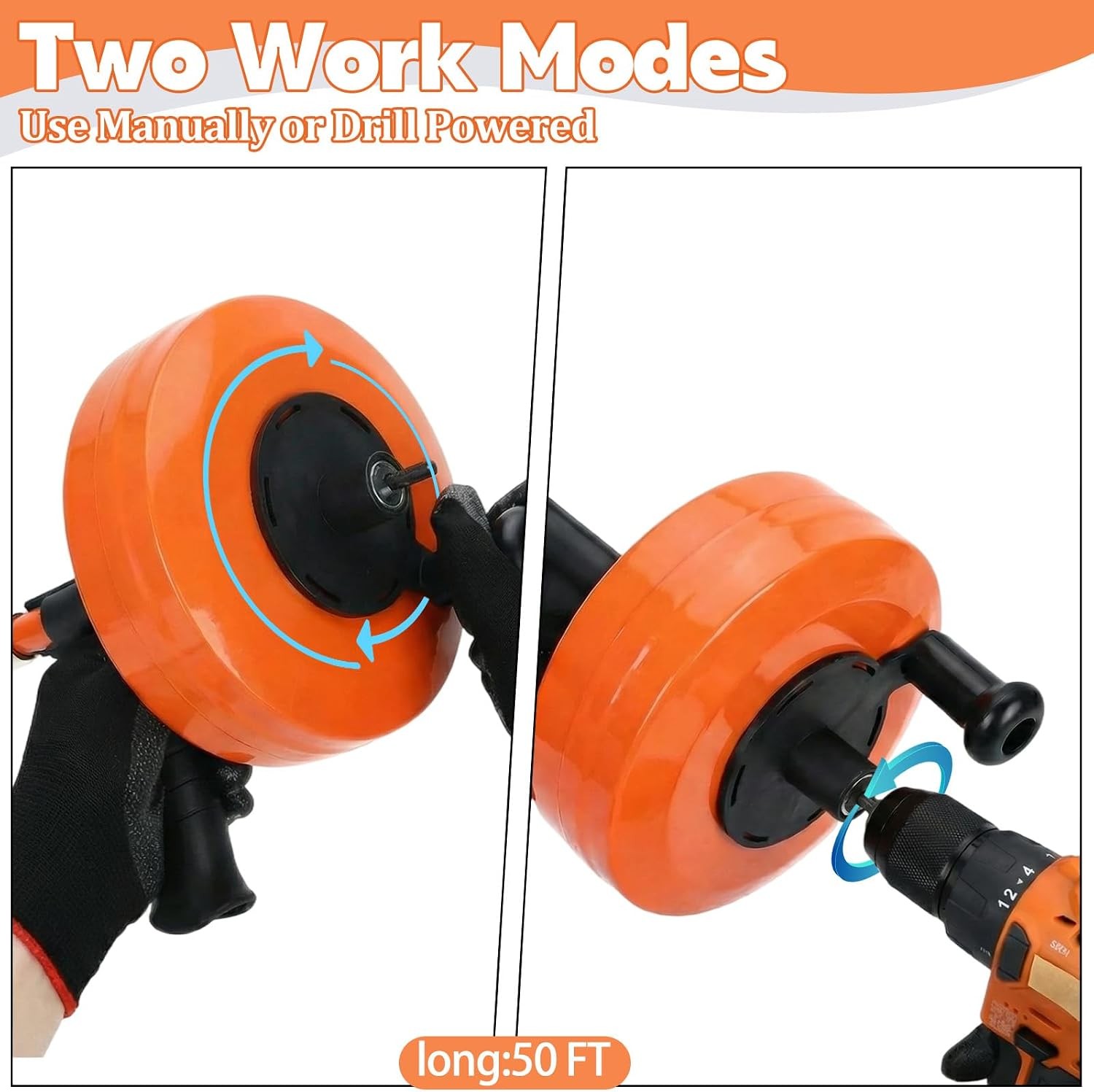 50 Ft Drain Auger,Use Manually or Drill Powered 50 Foot Drain Snake,Heavy Duty F