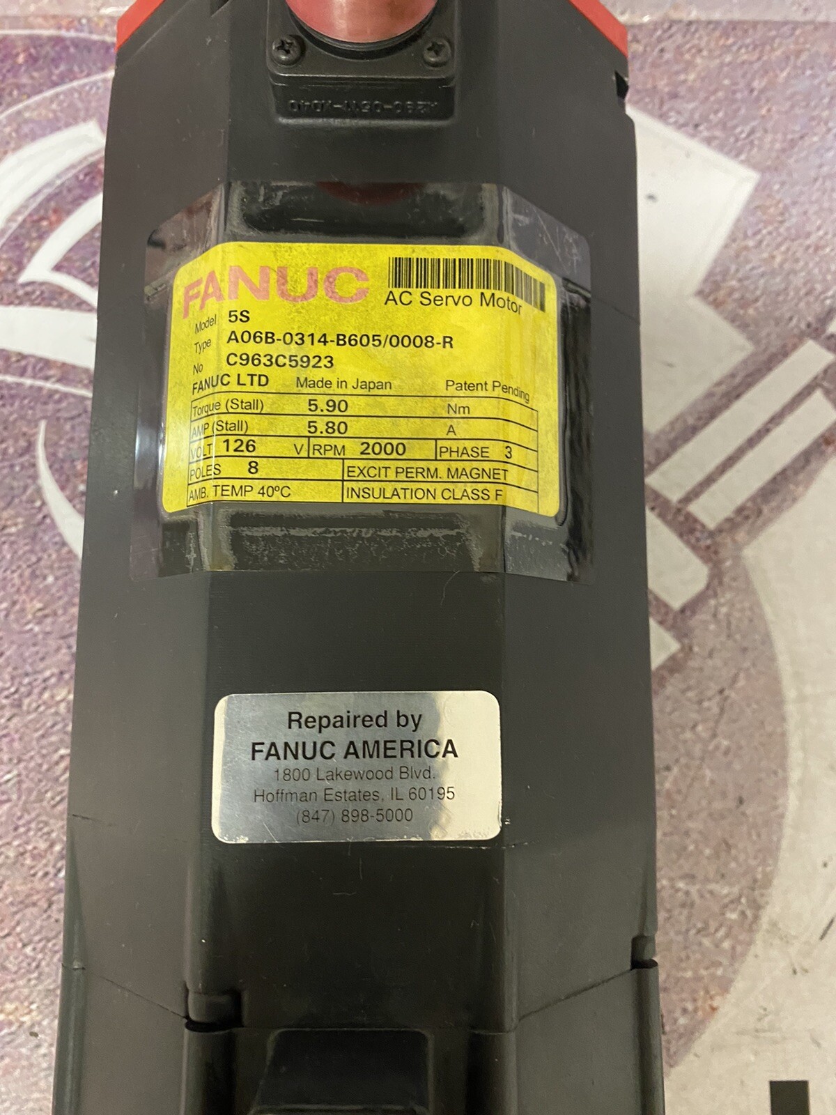 Fanuc AC Servo Motor 5S A06B-0314-B605/0008-R 3Ph, 5.90 Torque, 5.80Amp, 8 Poles
