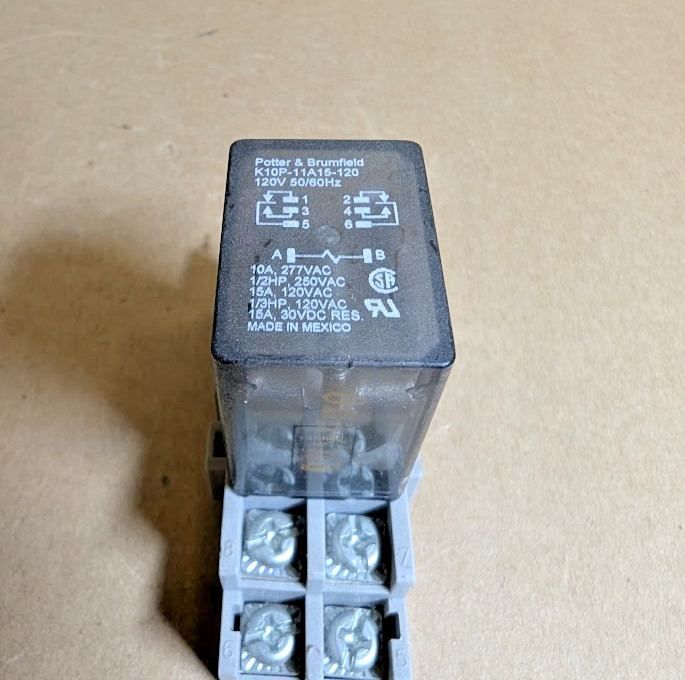 TE/ Potter & Brumfield K10P-11A15-120 Power Relay, 15A, DPDT + 27E695 Base (NNB)