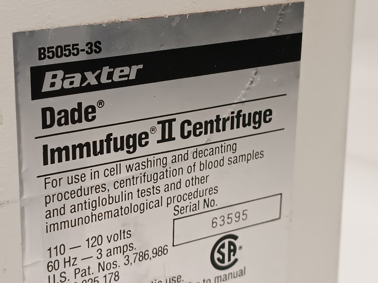 Baxter B5055-3S Dade Immufuge II blood sample Centrifuge, 110-120V, 60Hz, 3Amps