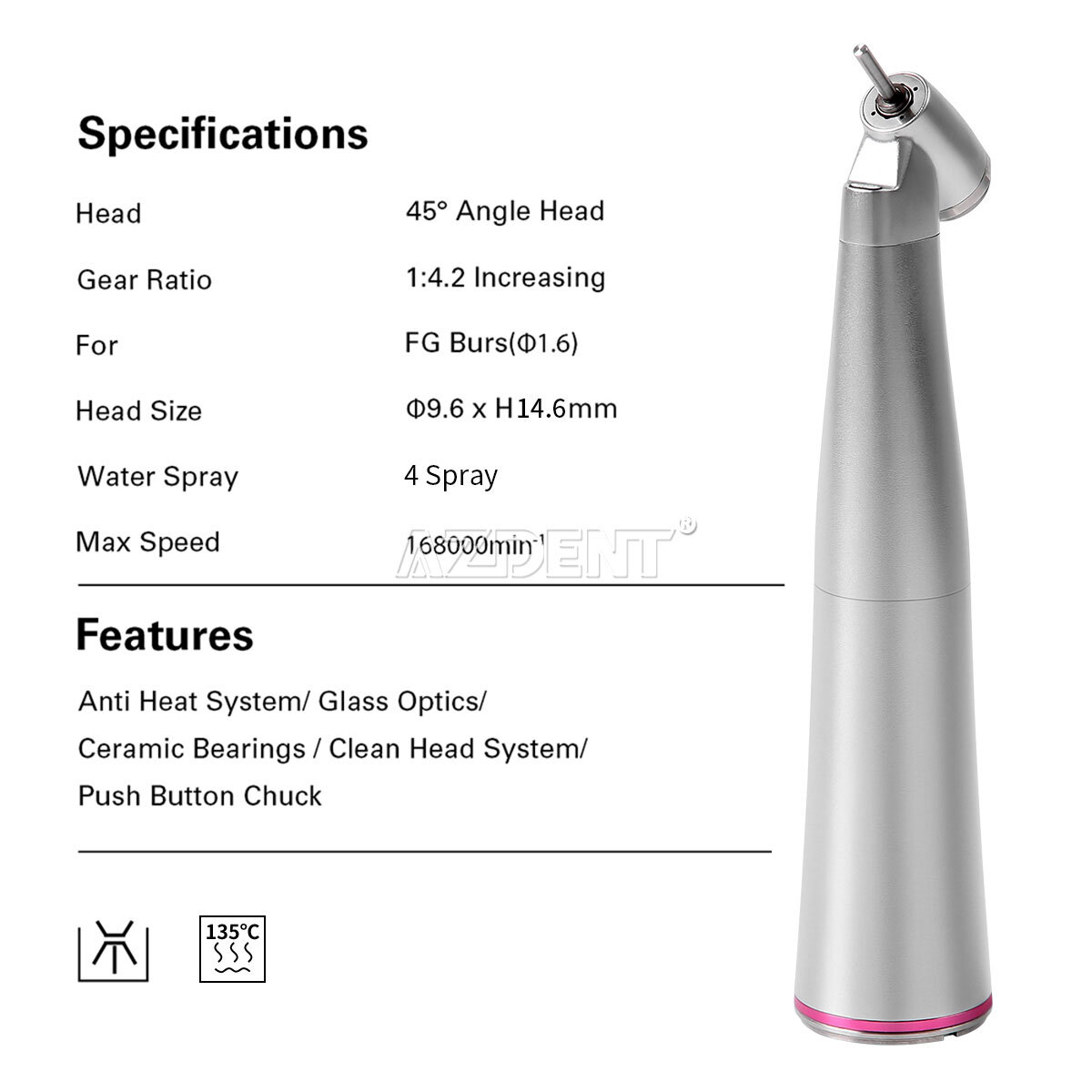 AZDENT Dental Optic Fiber 1:4.2 increasing Handpiece 45°Angle Fit FG 1.6mm
