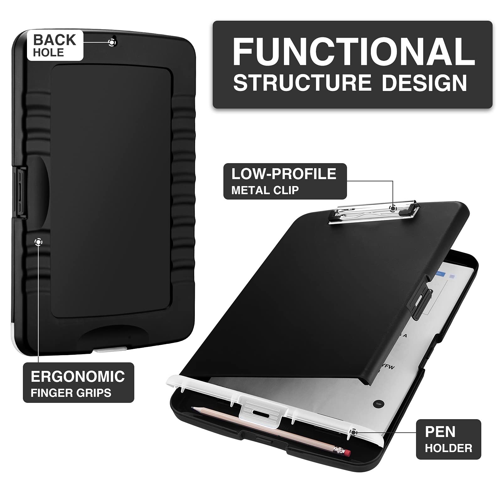 Sooez Clipboard with Storage, Clip Board 8.5 10″W x 1-1/4″D x 14-1/2″H, Black