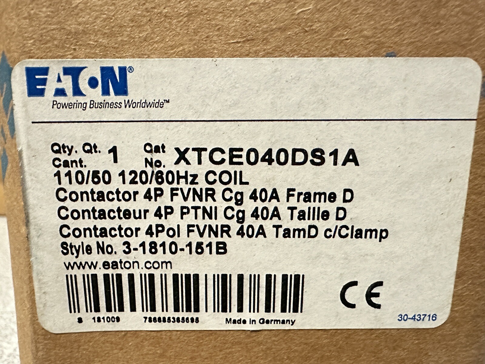 NEW Eaton XTCE040DS1A Contactor 110-120V 50/60Hz Coil 3Pole Frame D 1NO 1NC FVNR