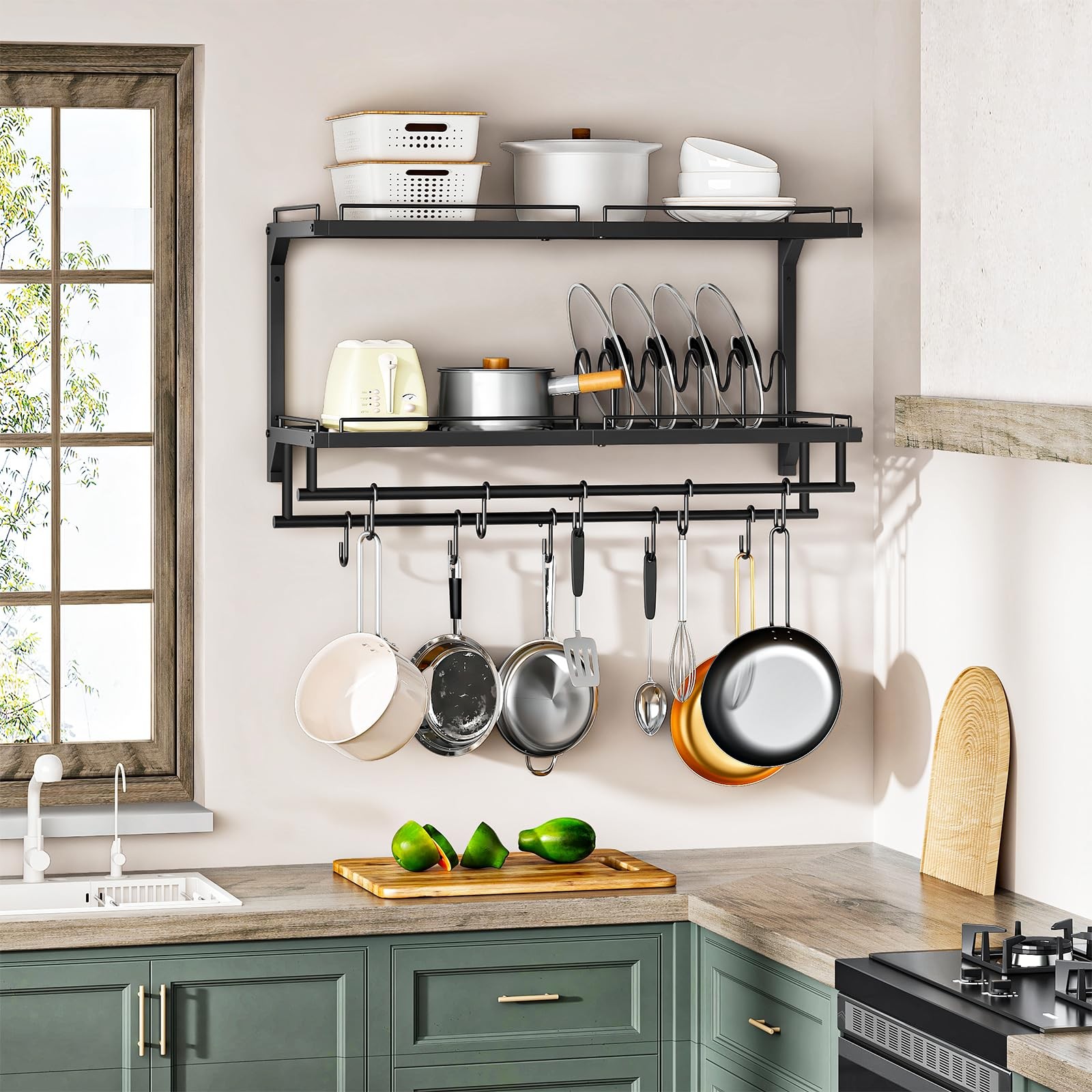 CHOEZON Pot Rack, Wall Mounted Pan Holder, 2-Tier and Large, Black