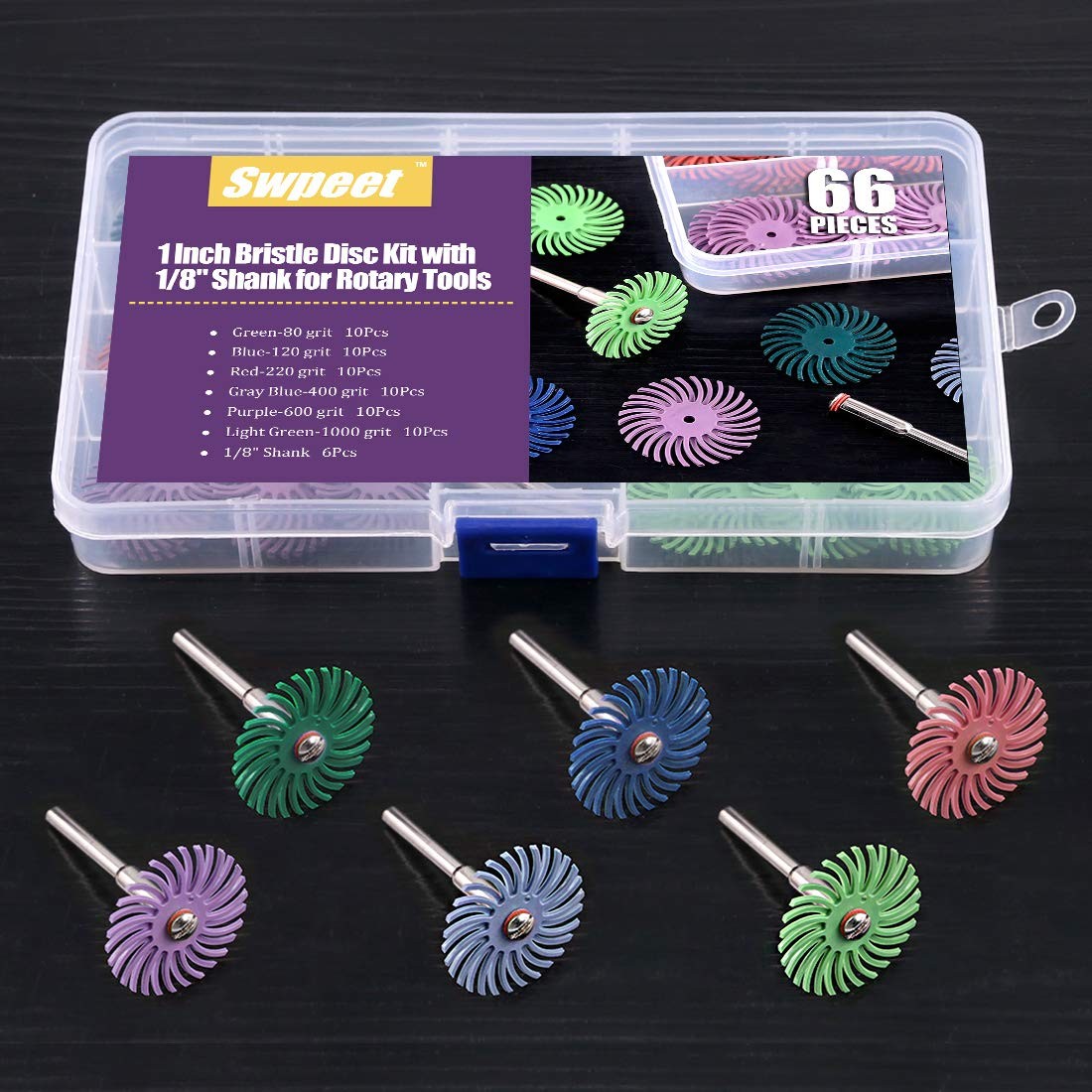 Swpeet 66Pcs 1 Inch 6 Mixed Grit 80/120/220/400/600/1000 Radial Bristle Disc Abr
