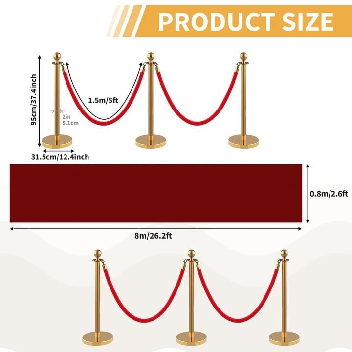 Gold Stanchion Set 5ft Red Velvet Ropes Stainless Steel Crowd Control 8 Piece
