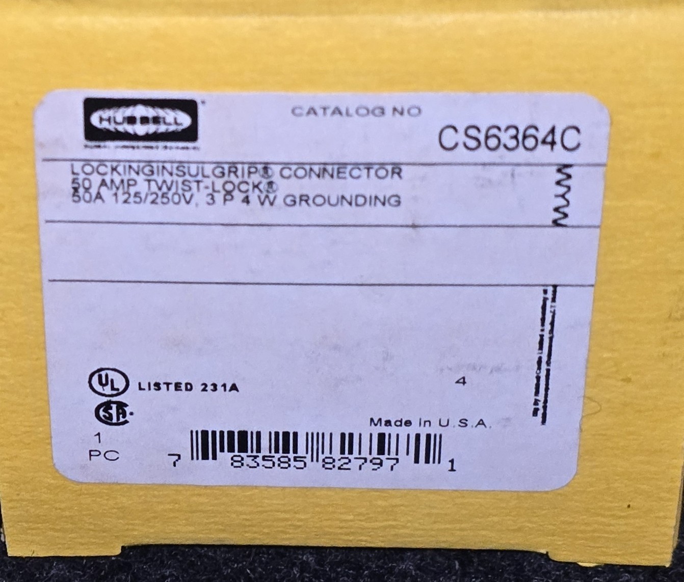 CS6364C Hubbell Kellems Locking Devices Twist-Lock Female Connector Body 50A