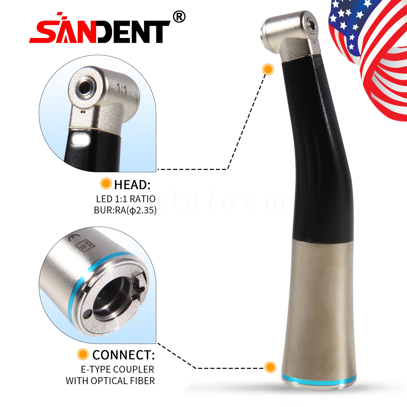 Dental Low Speed Handpiece Fiber Optic 1:1 Contra Angle Handpiece With LED Light