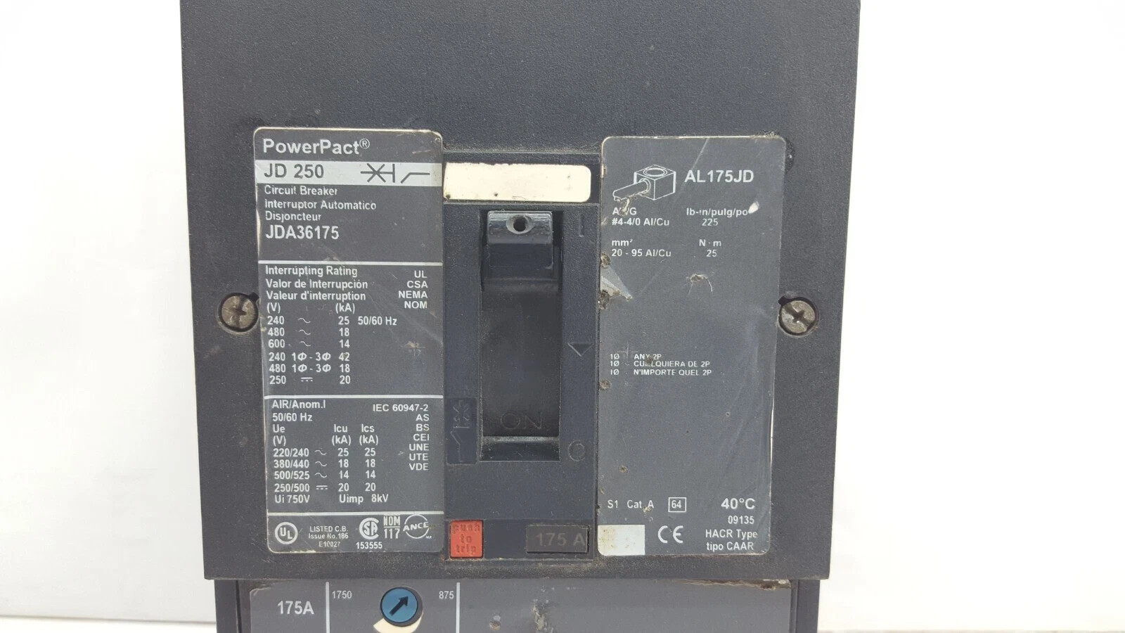 SQUARE D JDA36175 POWER PACT CIRCUIT BREAKER 175A 3P 600V 175 AMP 3 POLE JDA
