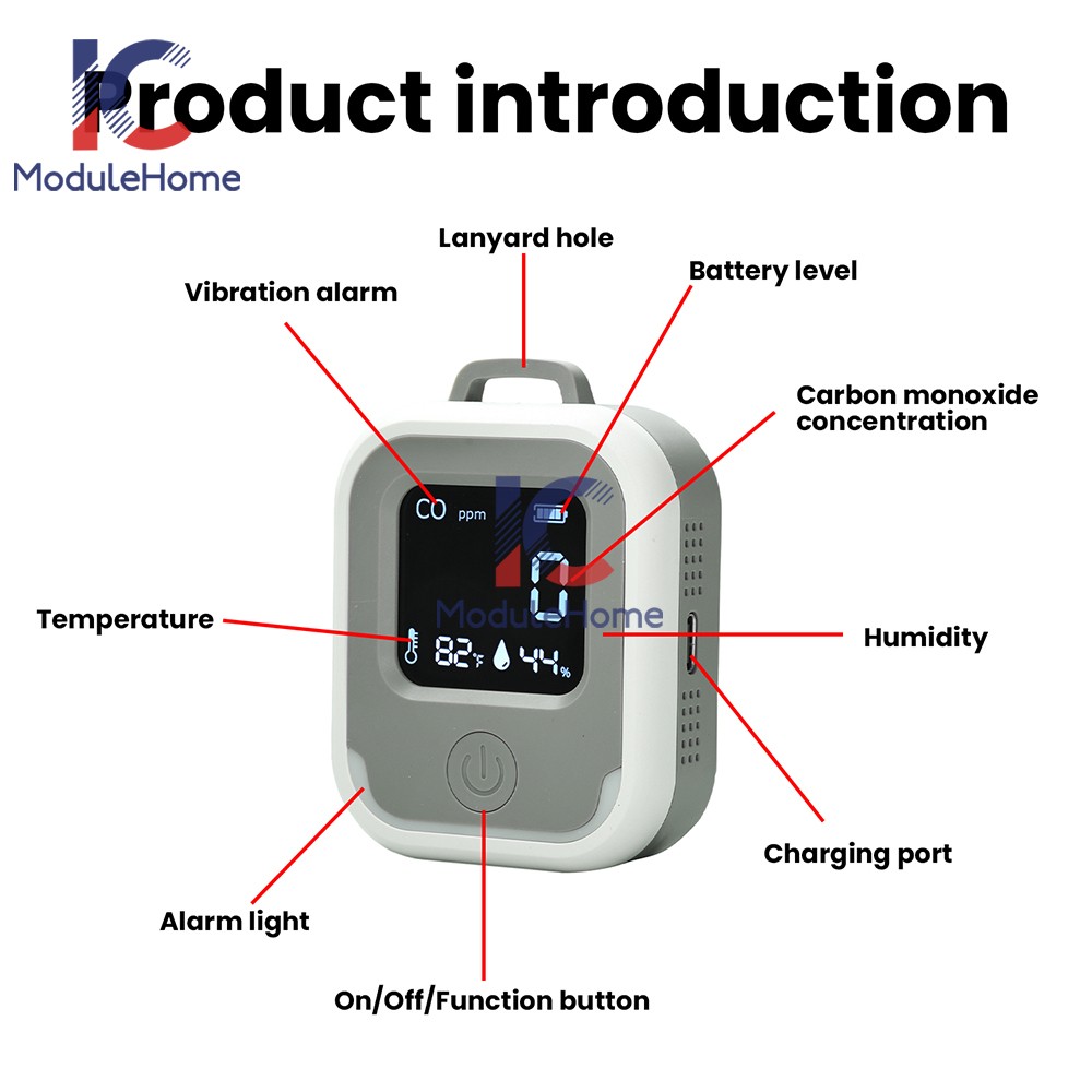 Air Quality Monitor 3-in-1 Carbon Monoxide Detector Temperature Humidity Alarm