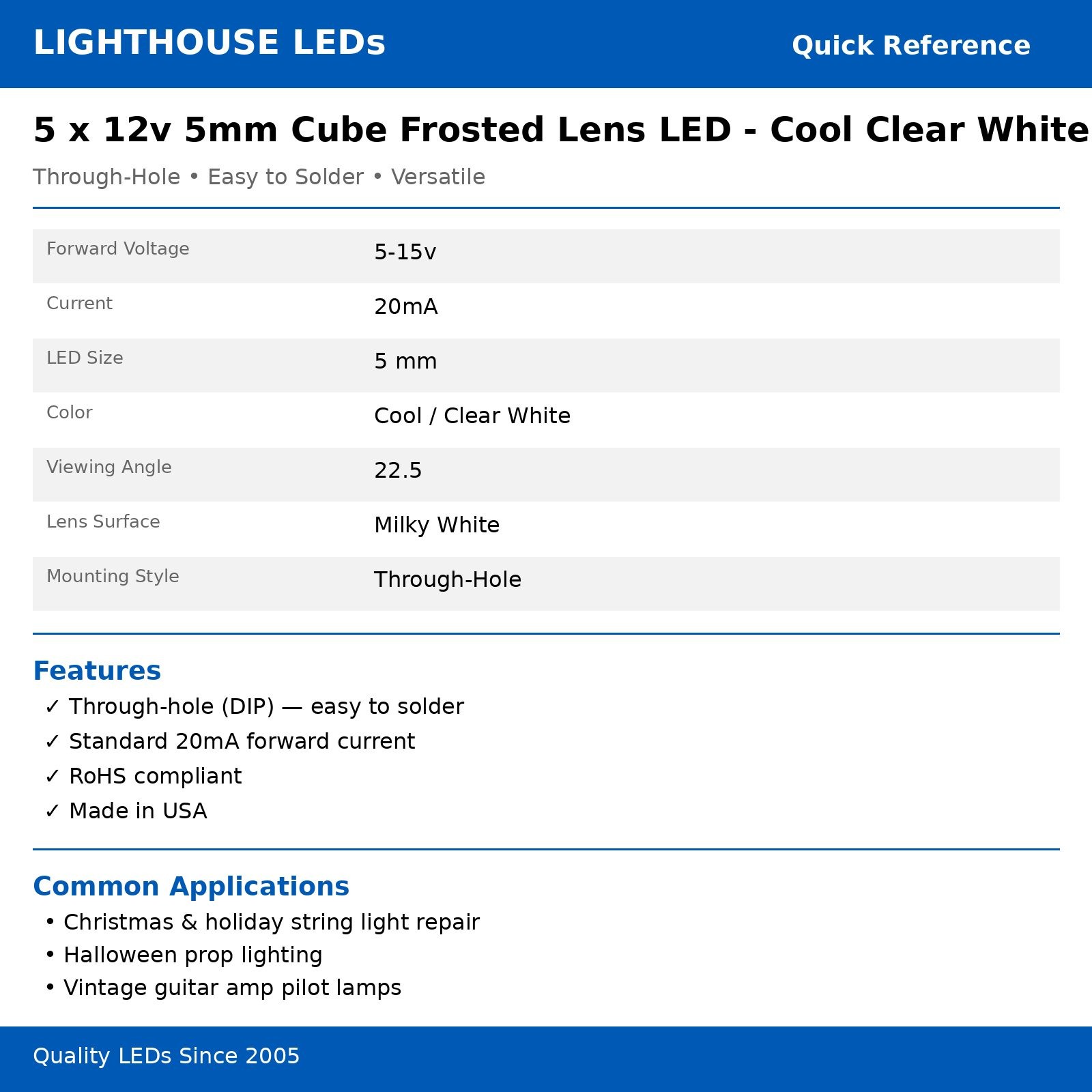 50 x 12v 5mm Cube Frosted Lens LED – Cool Clear White LED – Ultra Bright (5v-15v