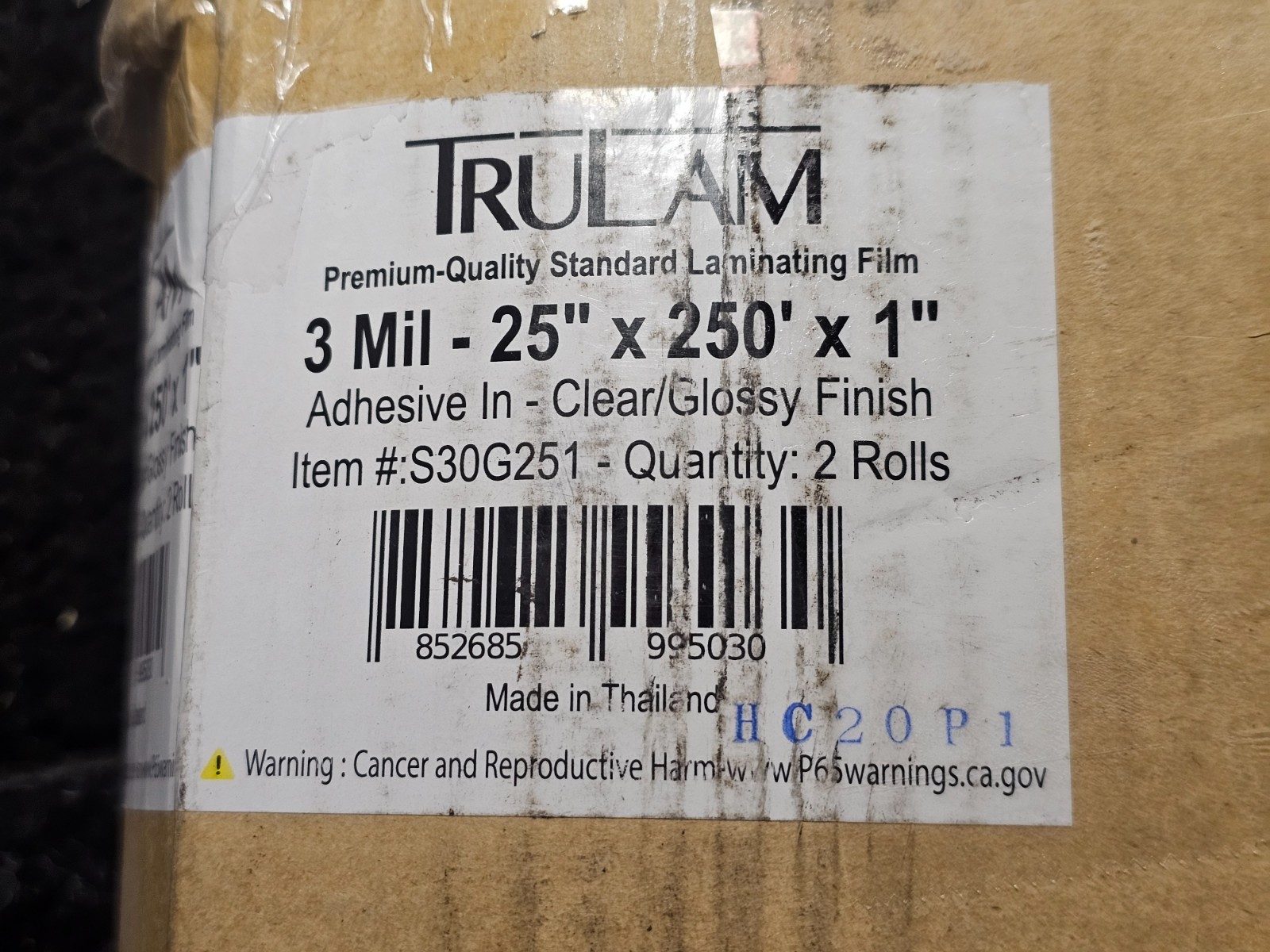 (QTY 2) TruLam Standard 3 Mil Clear 25″x 250′ x 1″ Core Laminating Film Glossy