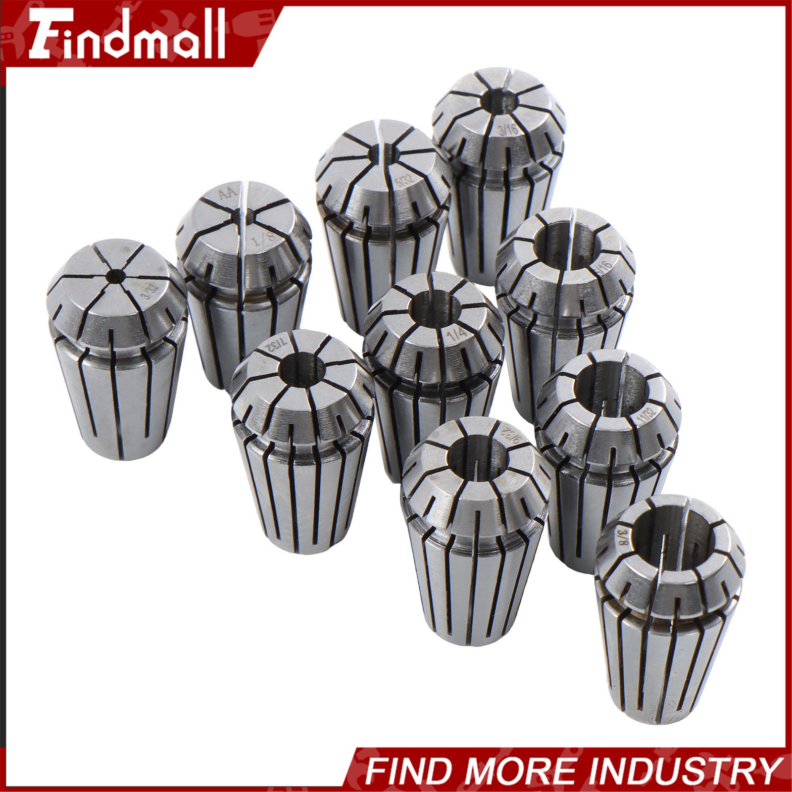 Findmall ER16 Collet Set 10 Pack Precision 3/32 to 3/8 Inch by 32nds 0.0002 TIR