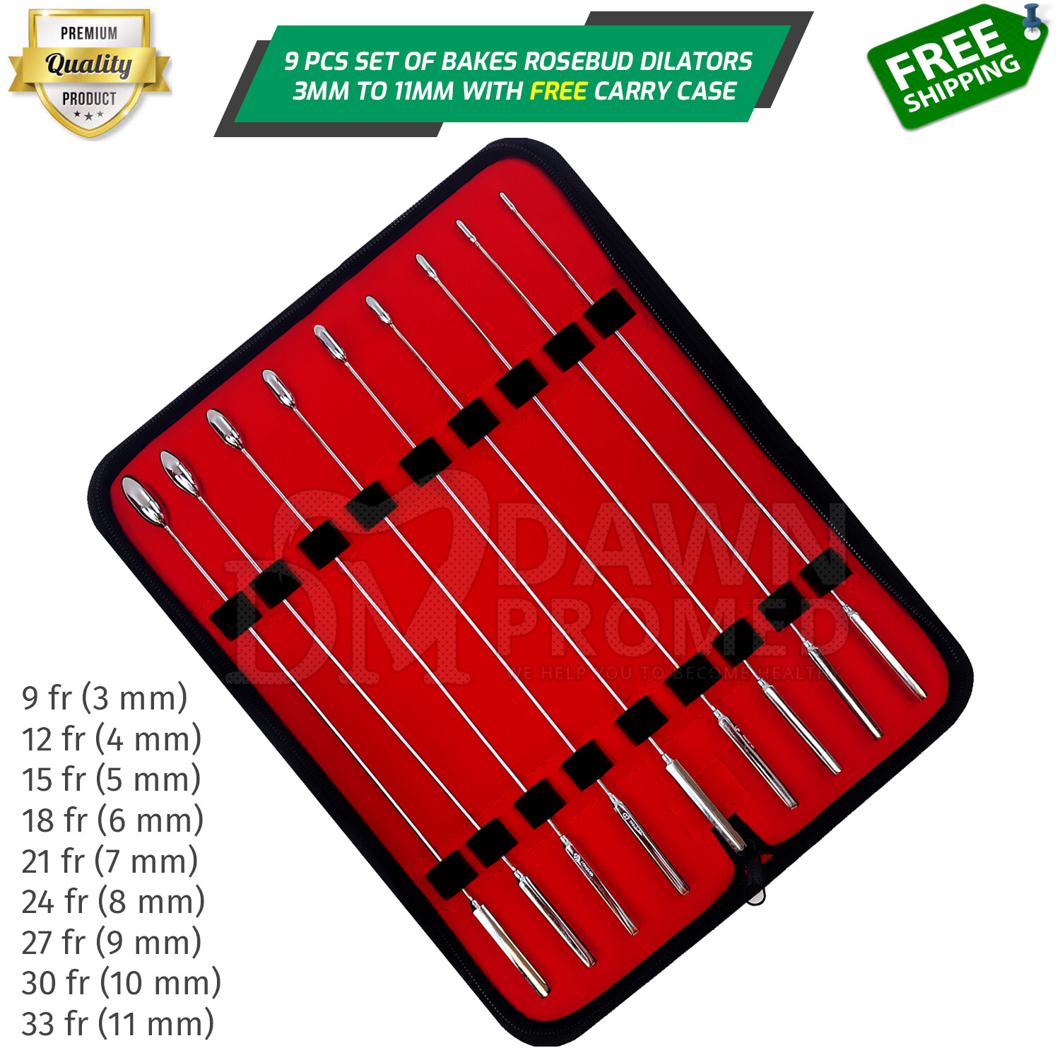 German Grade 9 Pcs Bakes Rosebud Urethral Sounds Dilator Surgical Set 3mm – 11mm