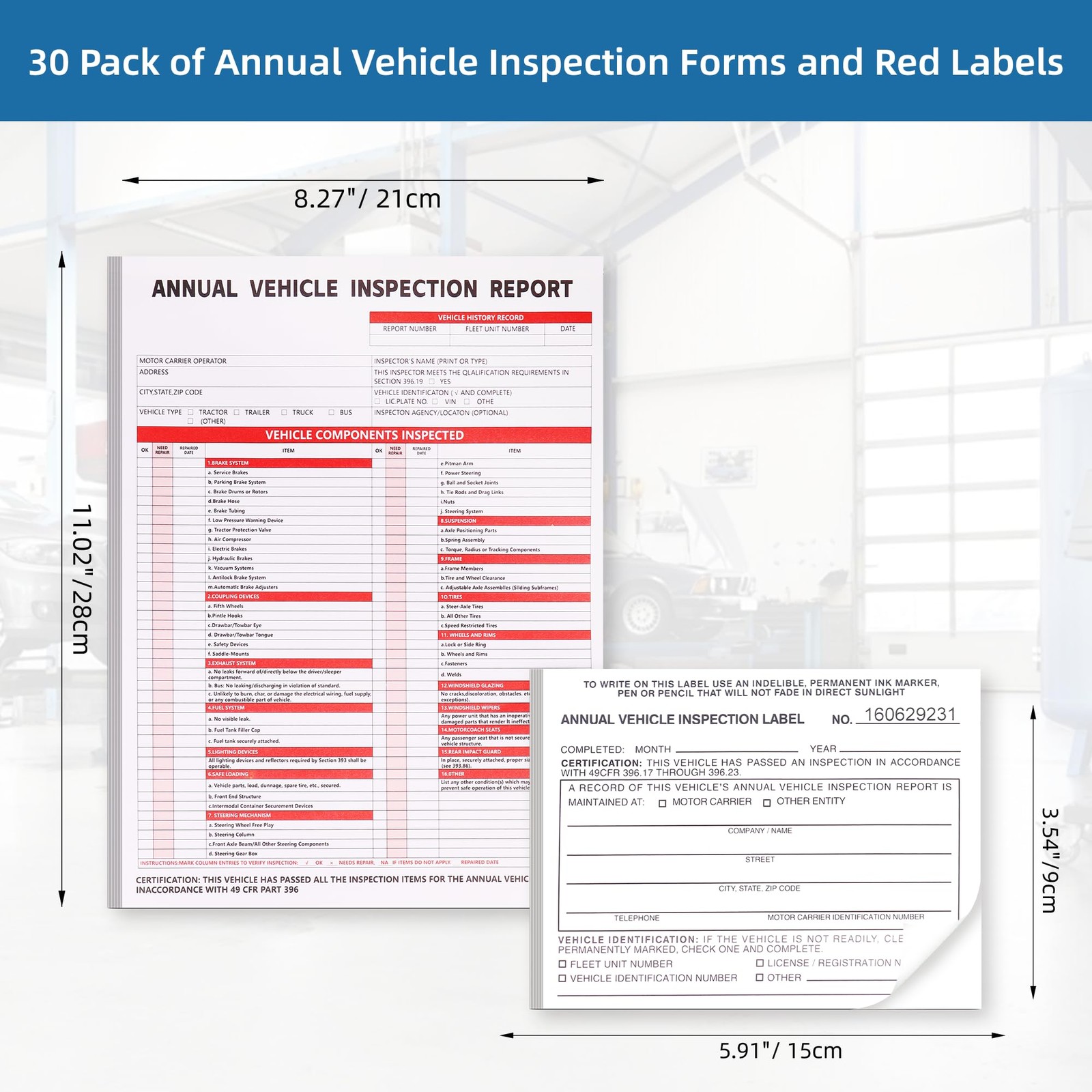 Annual Vehicle Inspection Report Form 3-Ply Carbonless DOT Vinyl 30PK