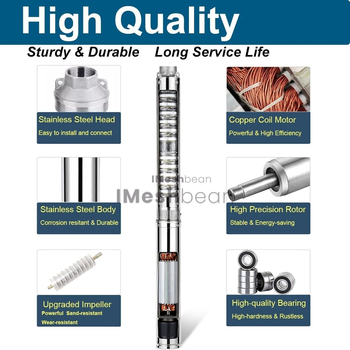 1HP Deep Well Submersible Pump, 4″ , 207 ft Max long life 220V 33GPM Sub 60Hz
