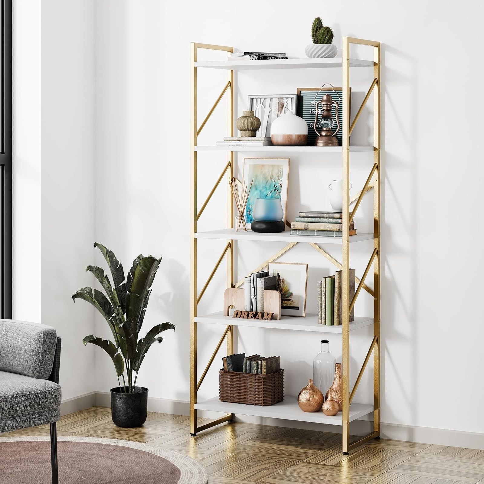 Shintenchi 5 Tier Bookshelf – Modern Industrial Bookcase for Home & Office