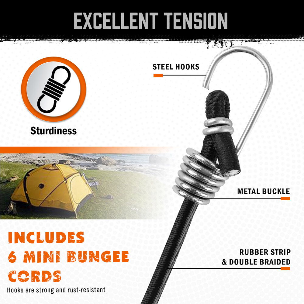 28PC Bungee Cords Carabiner Lock Hooks & Assorted Sizes Luggage Camping Caravan