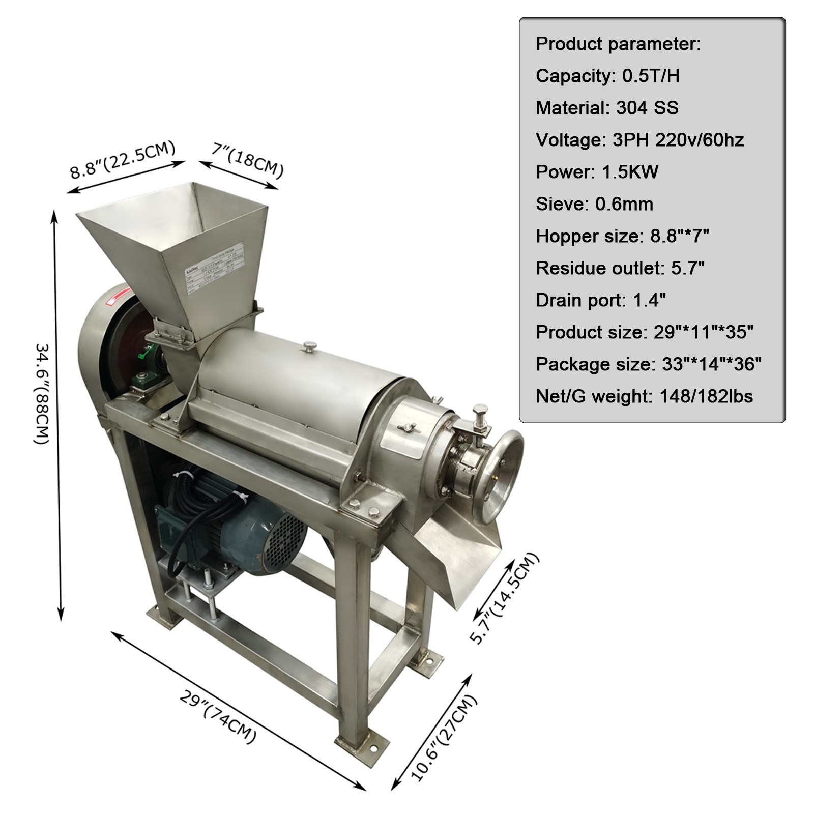 220V 3PH 1.5KW Commercial Fruit Crusher 0.5T/H Stainless Steel Juicer 1500rpm